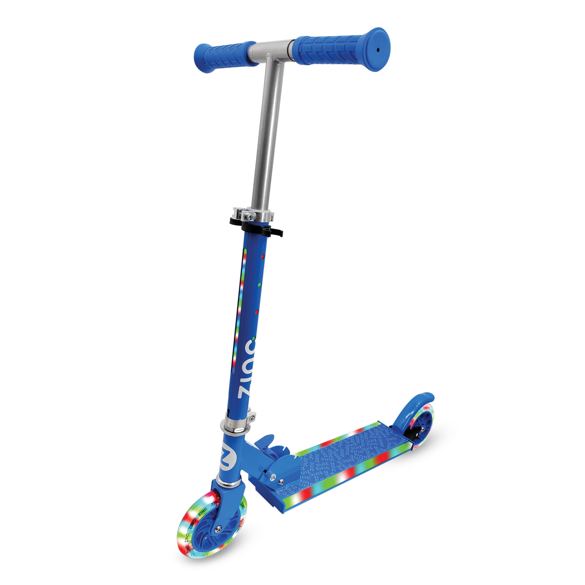 Blue scooter with colorful deck on a white background