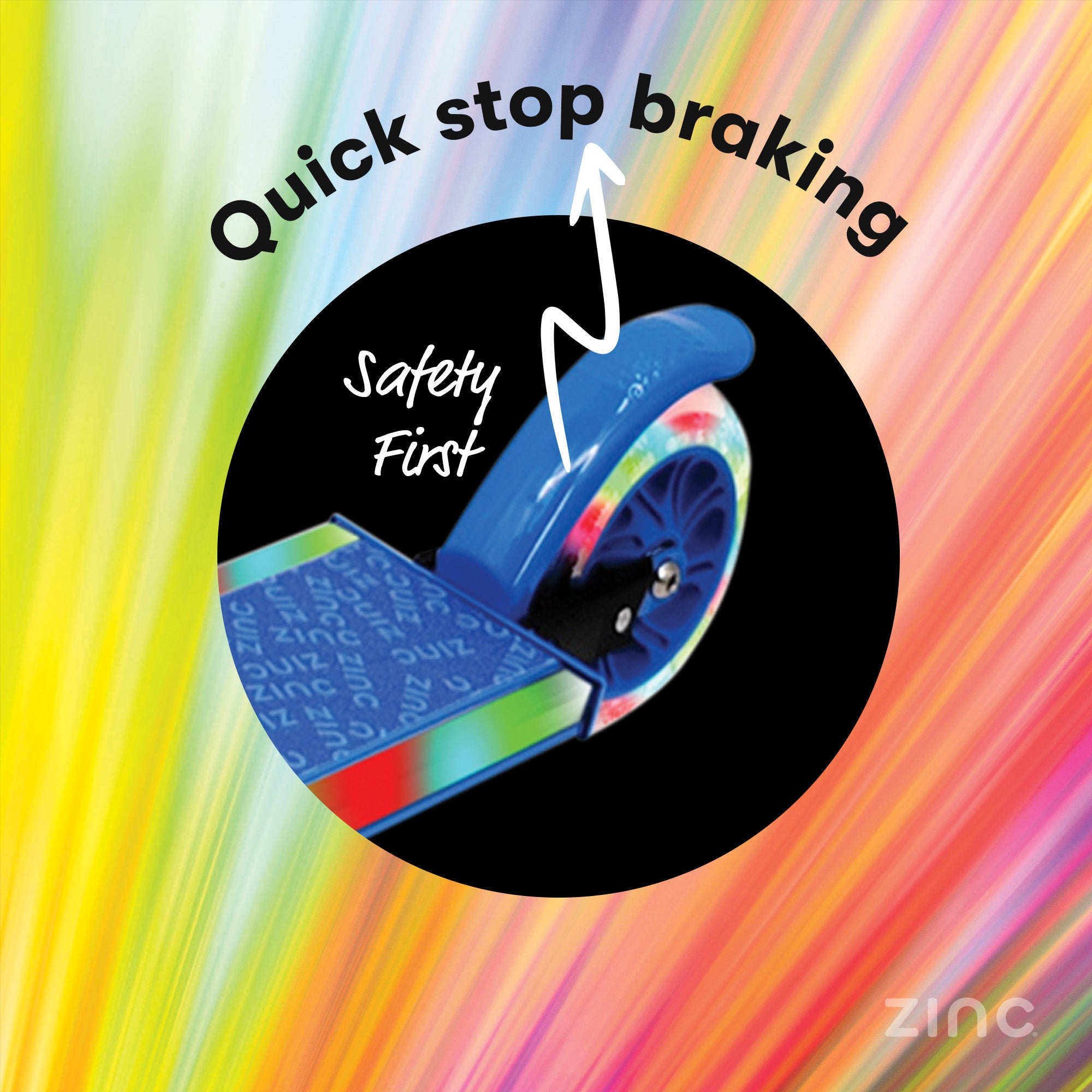 Colorful scooter with quick stop braking system on a multicolored background