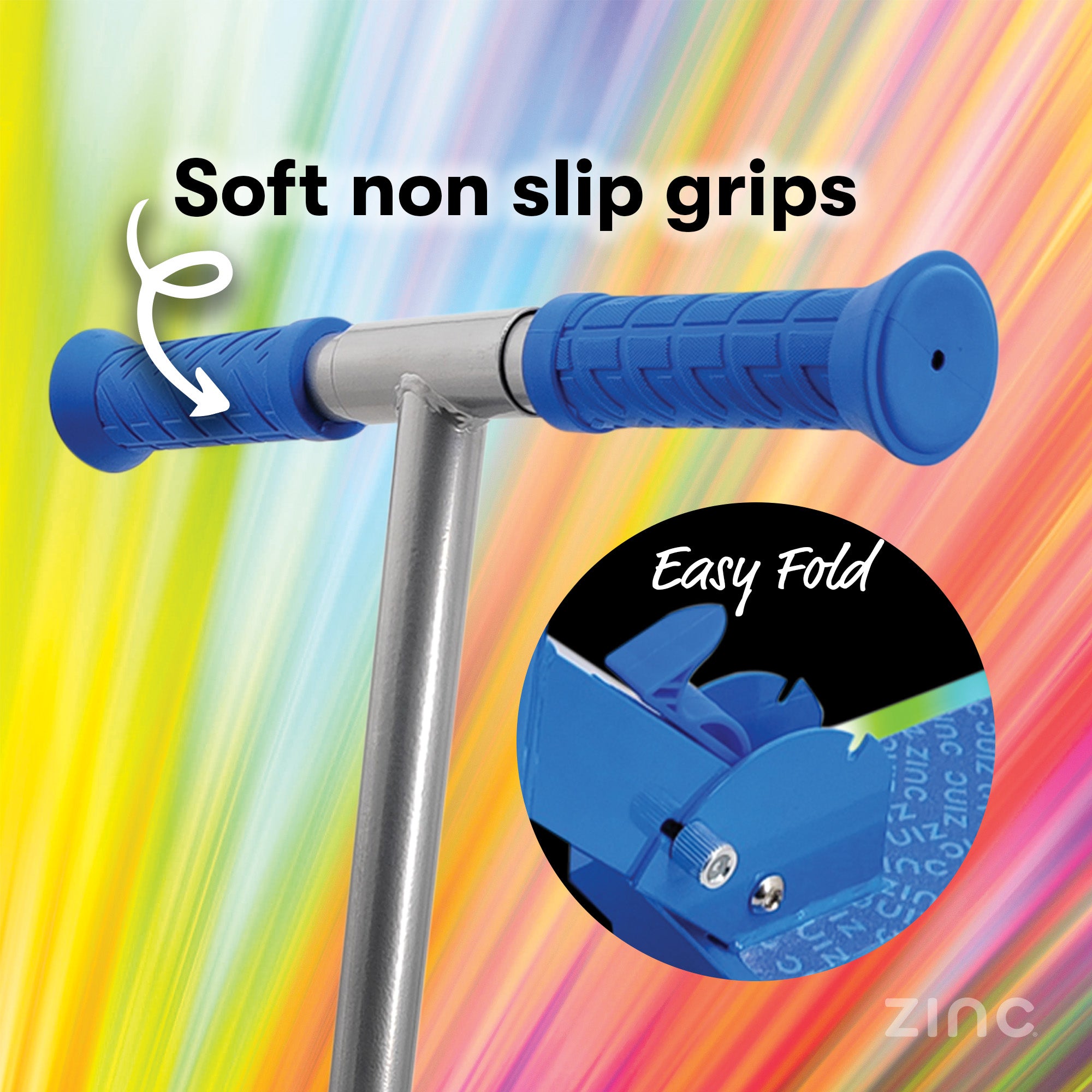 Blue scooter handlebar with soft non-slip grips and easy fold feature on a colourful background