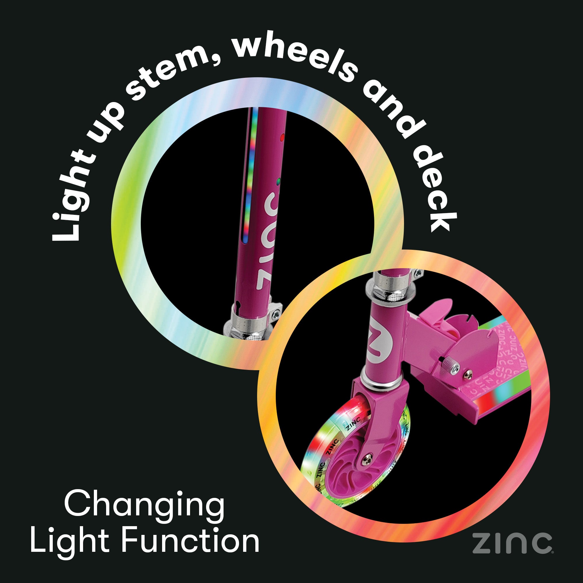 Pink scooter with rainbow lights on stem, wheels, and deck against a black background