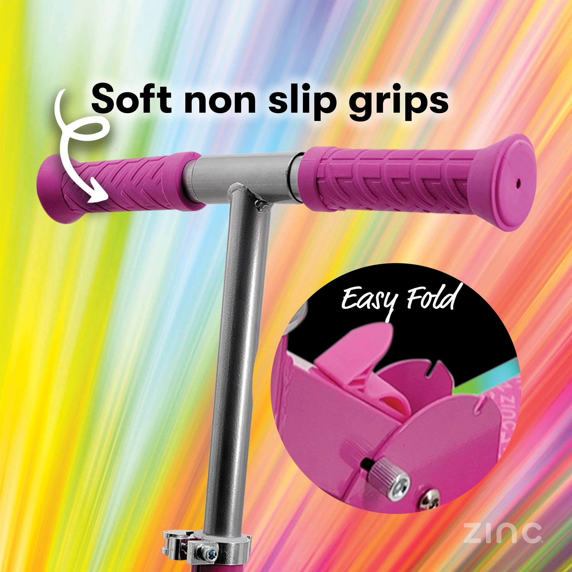 Pink scooter with soft non-slip grips and easy fold feature on a colourful rainbow background