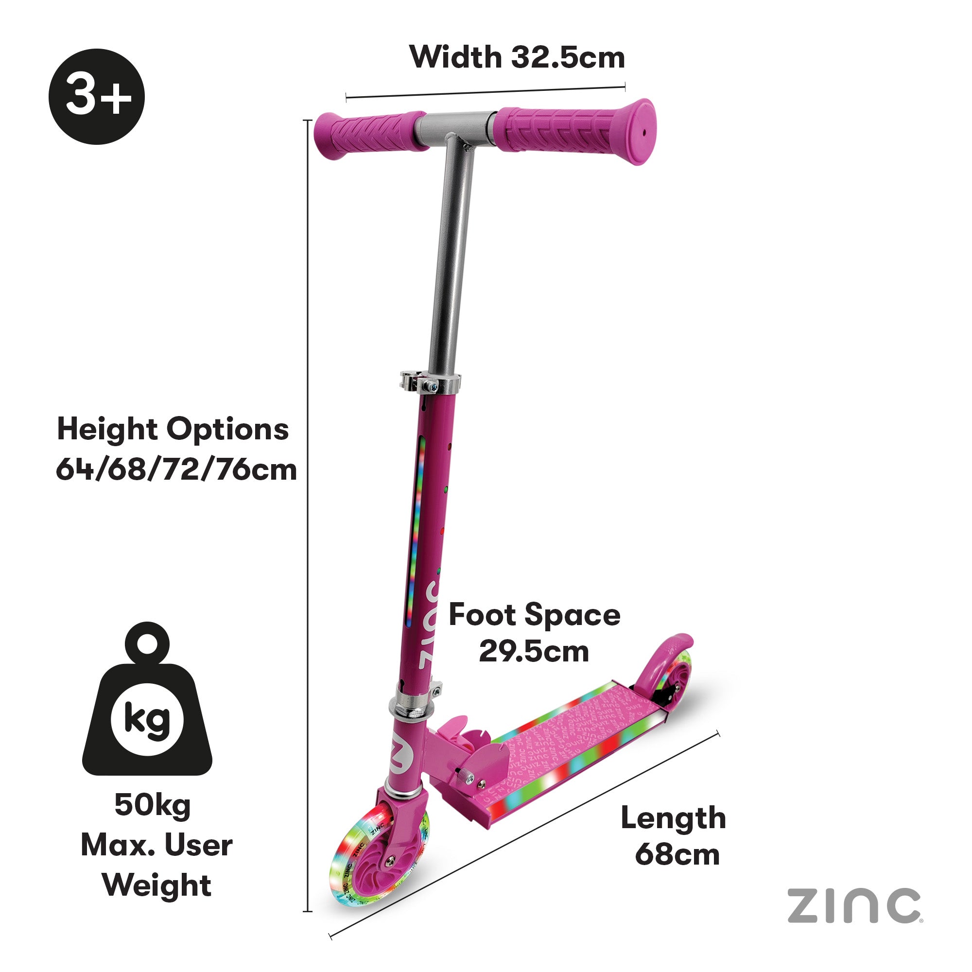 Pink scooter with measurements and features on a white background