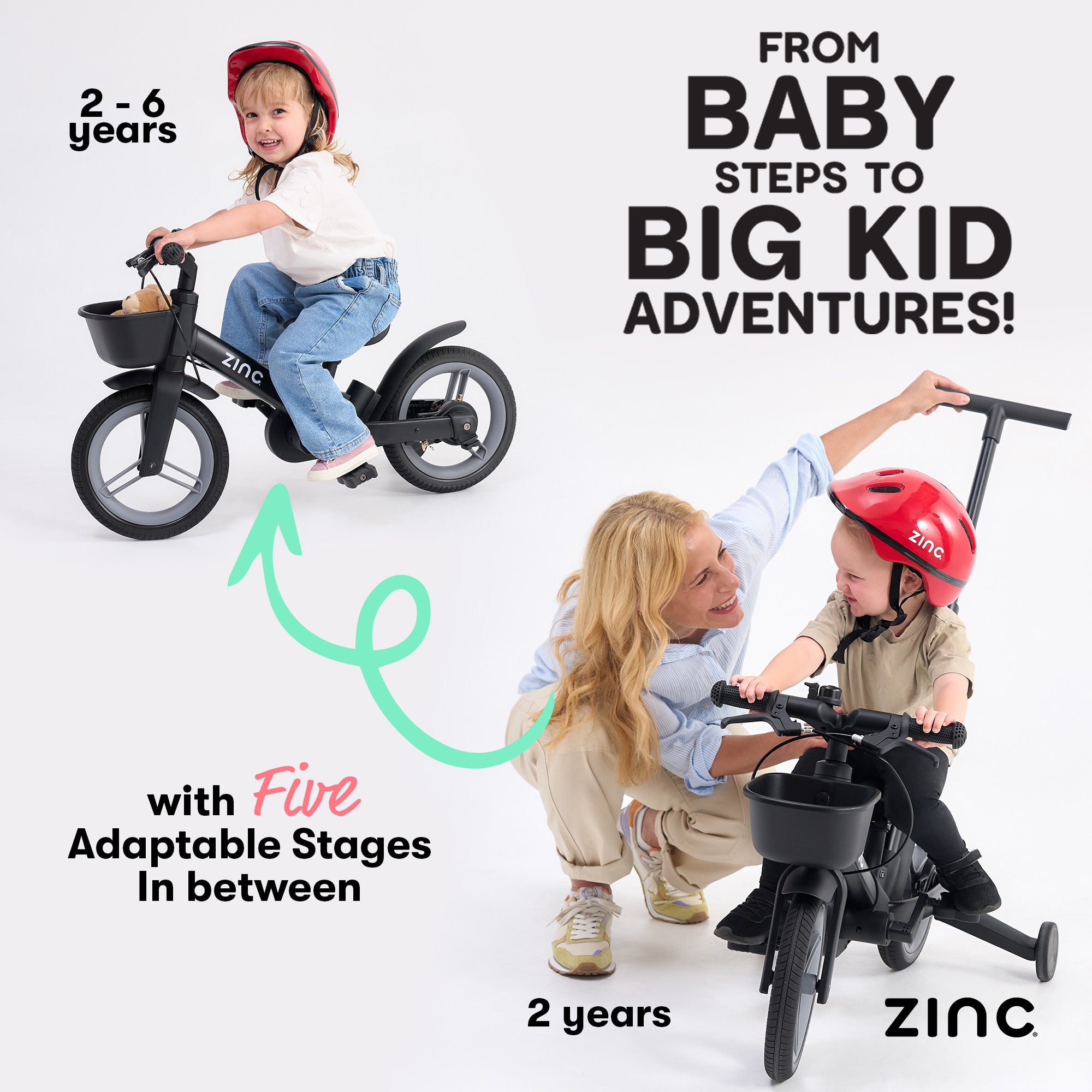 Two children on balance bikes with a woman assisting one, promoting the Zinc multifunctional bike, demonstrating different children's cycling stages.