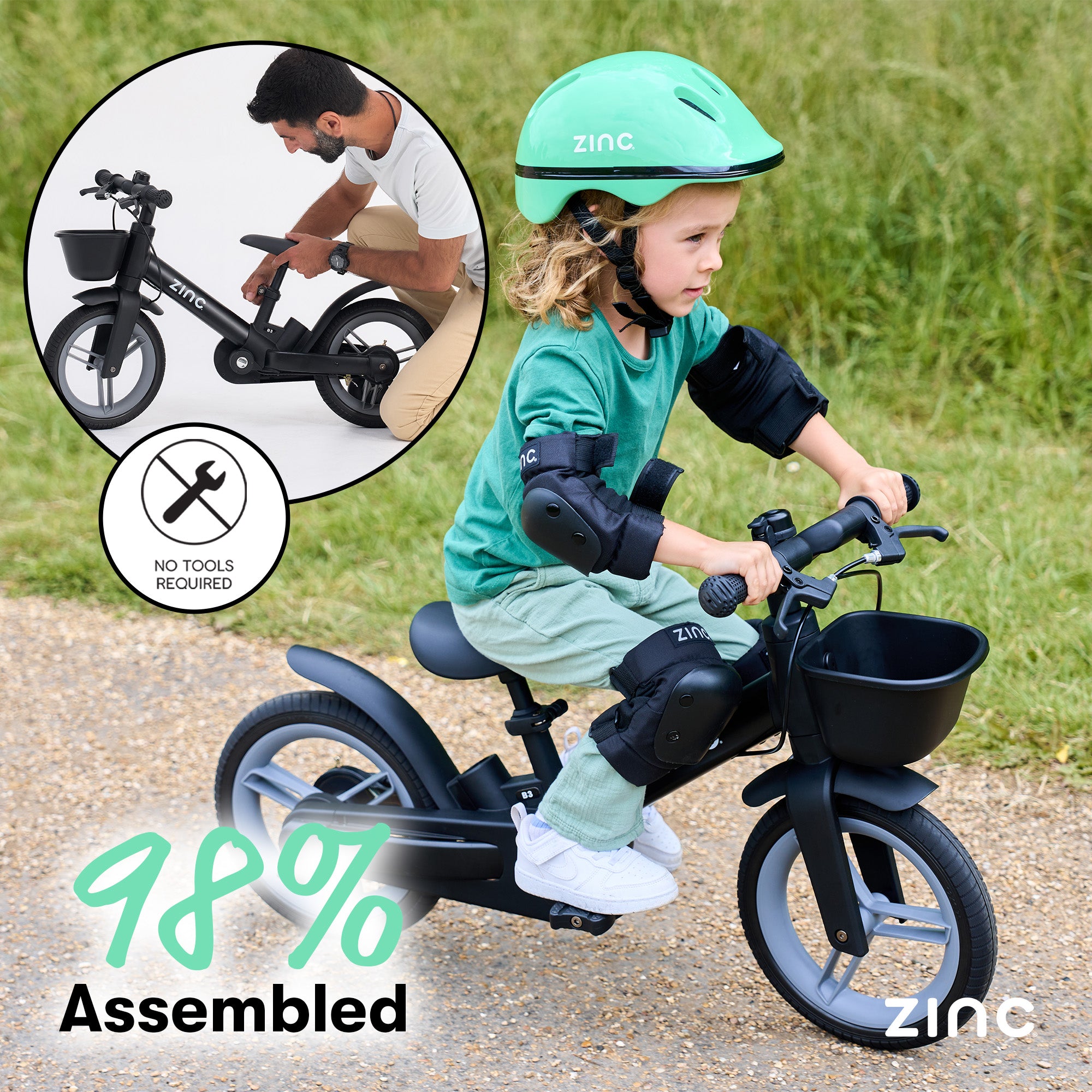 Child riding a balance bike with helmet and protective gear, with inset showing assembly process.