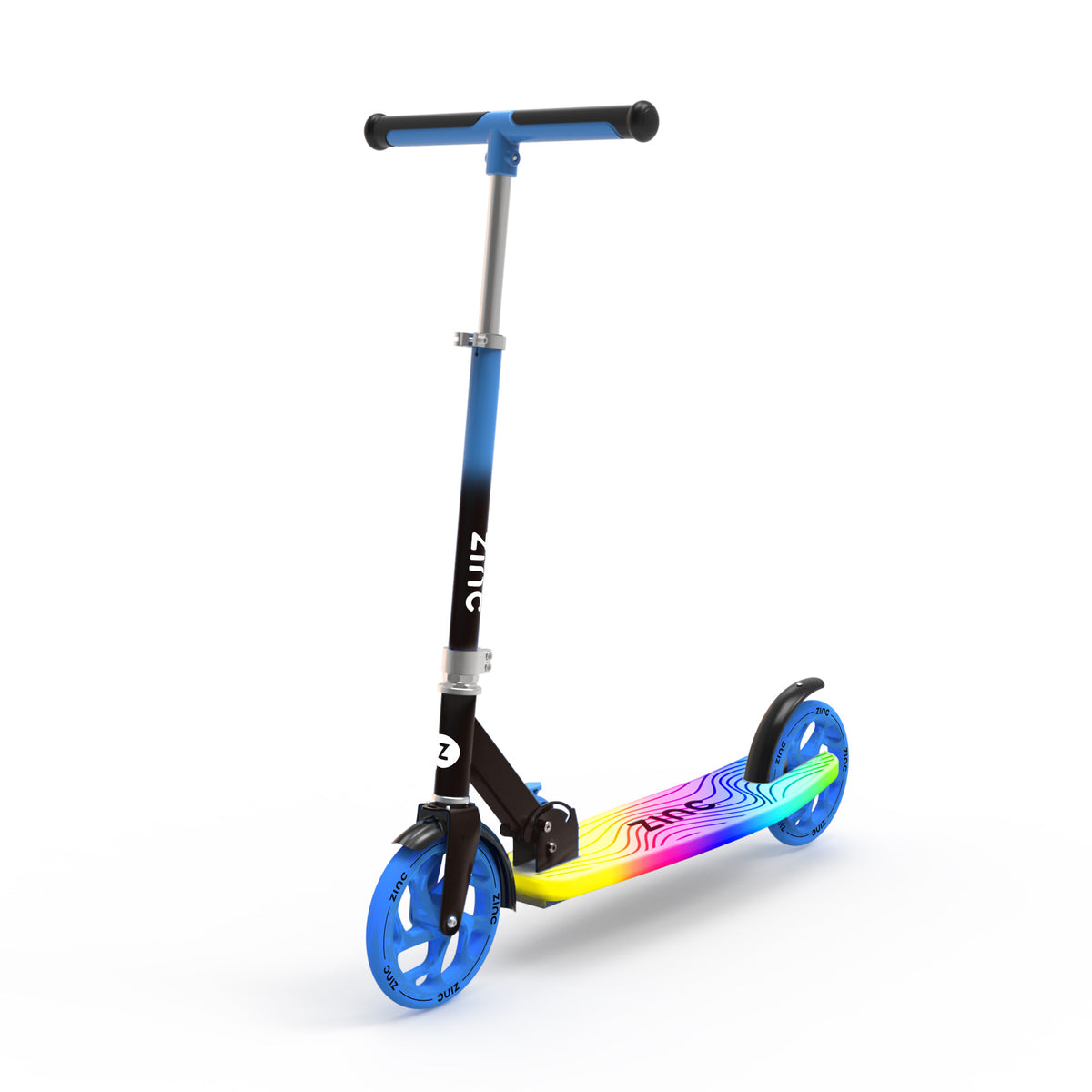 A kids' kick scooter with a black frame, blue handlebar and wheels, and a vibrant rainbow-colored deck, shown on a white background.
