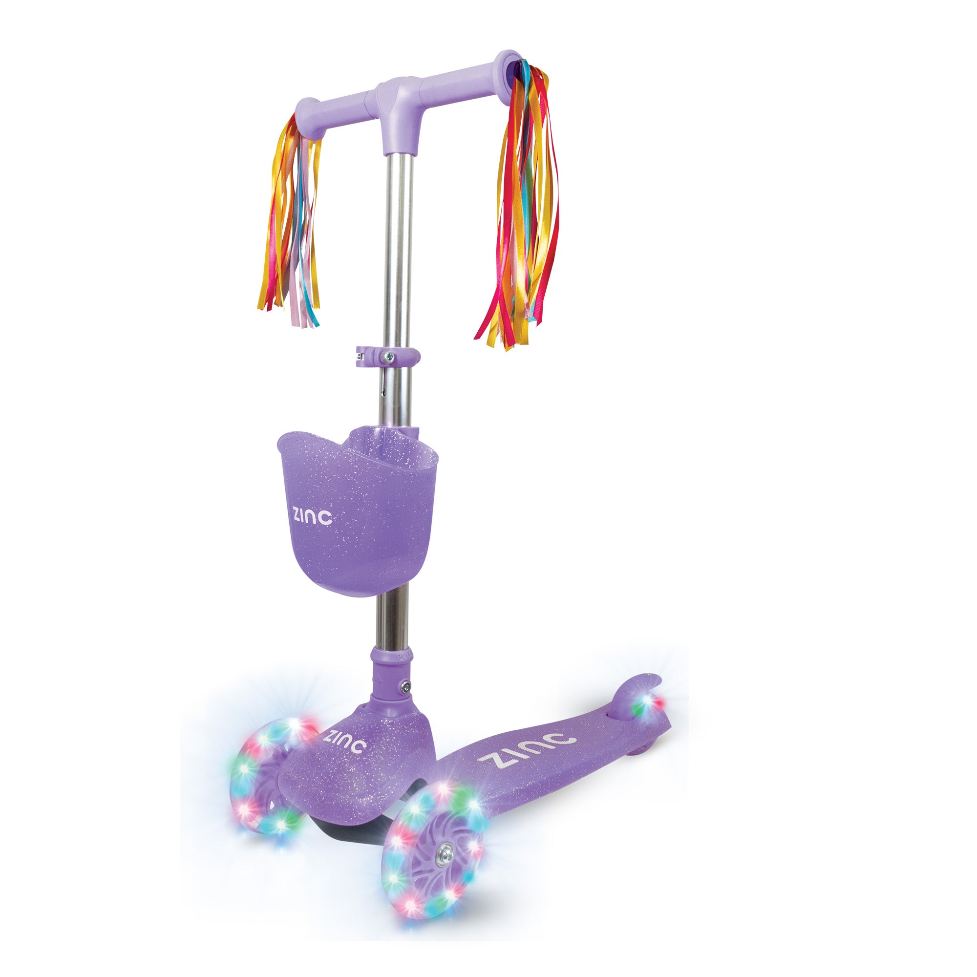Zinc 3 Wheel purple scooter with colourful streamers and LED lights on a white background.