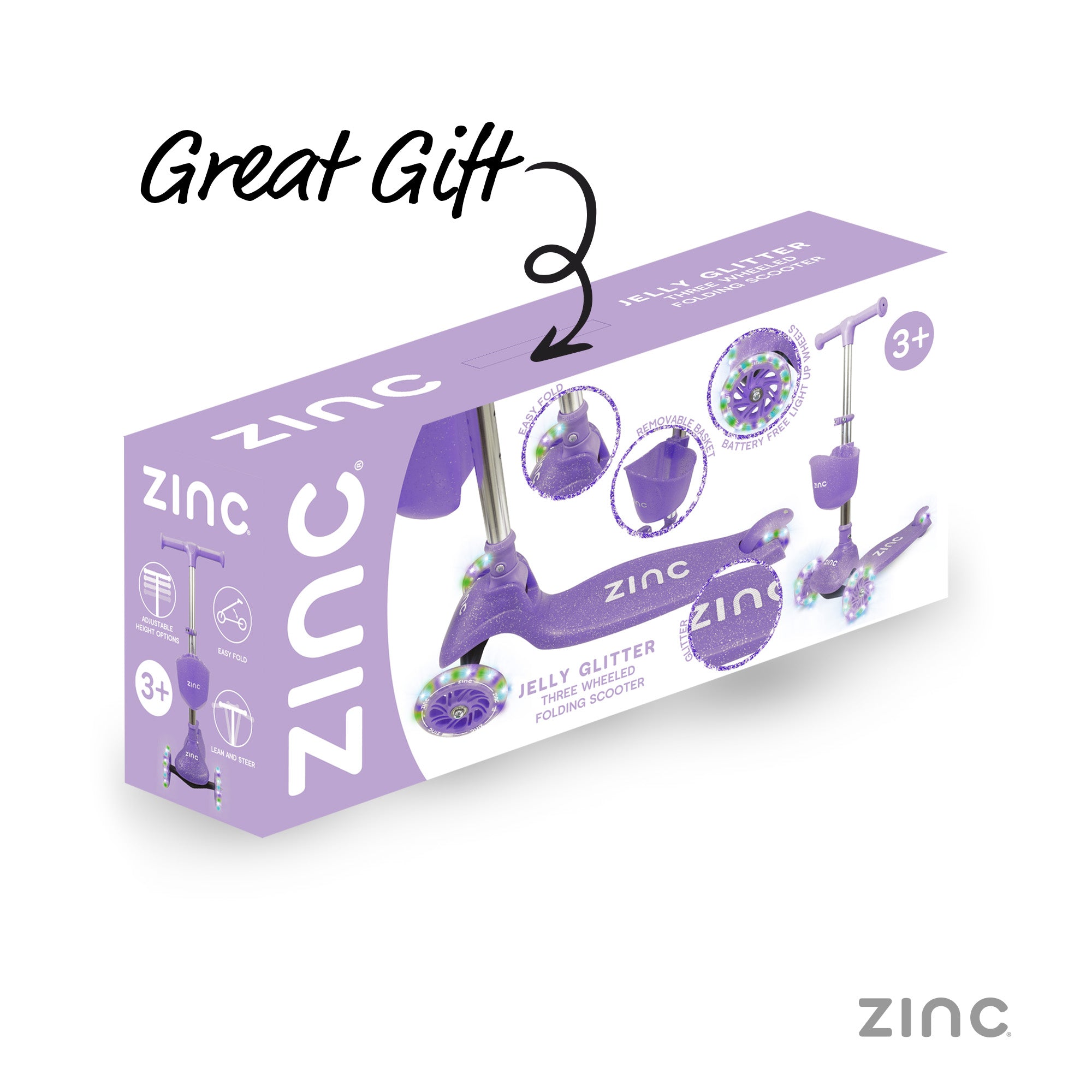 Purple packaging of a children's toy with 'Zinc' branding on a white background