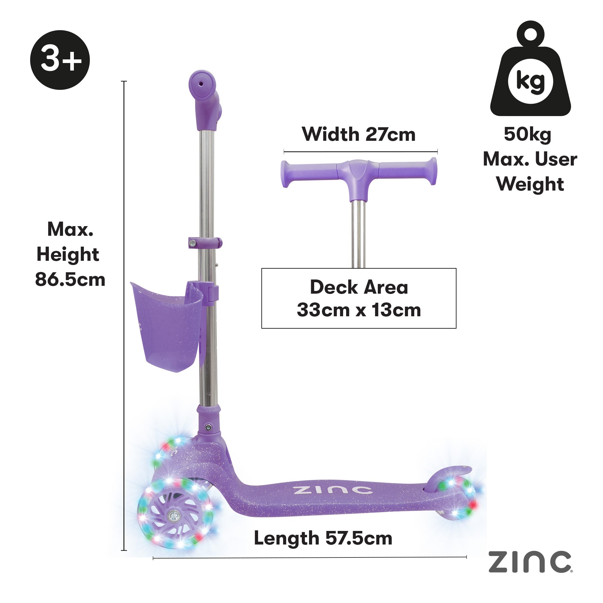 Purple scooter with measurement details on a white background