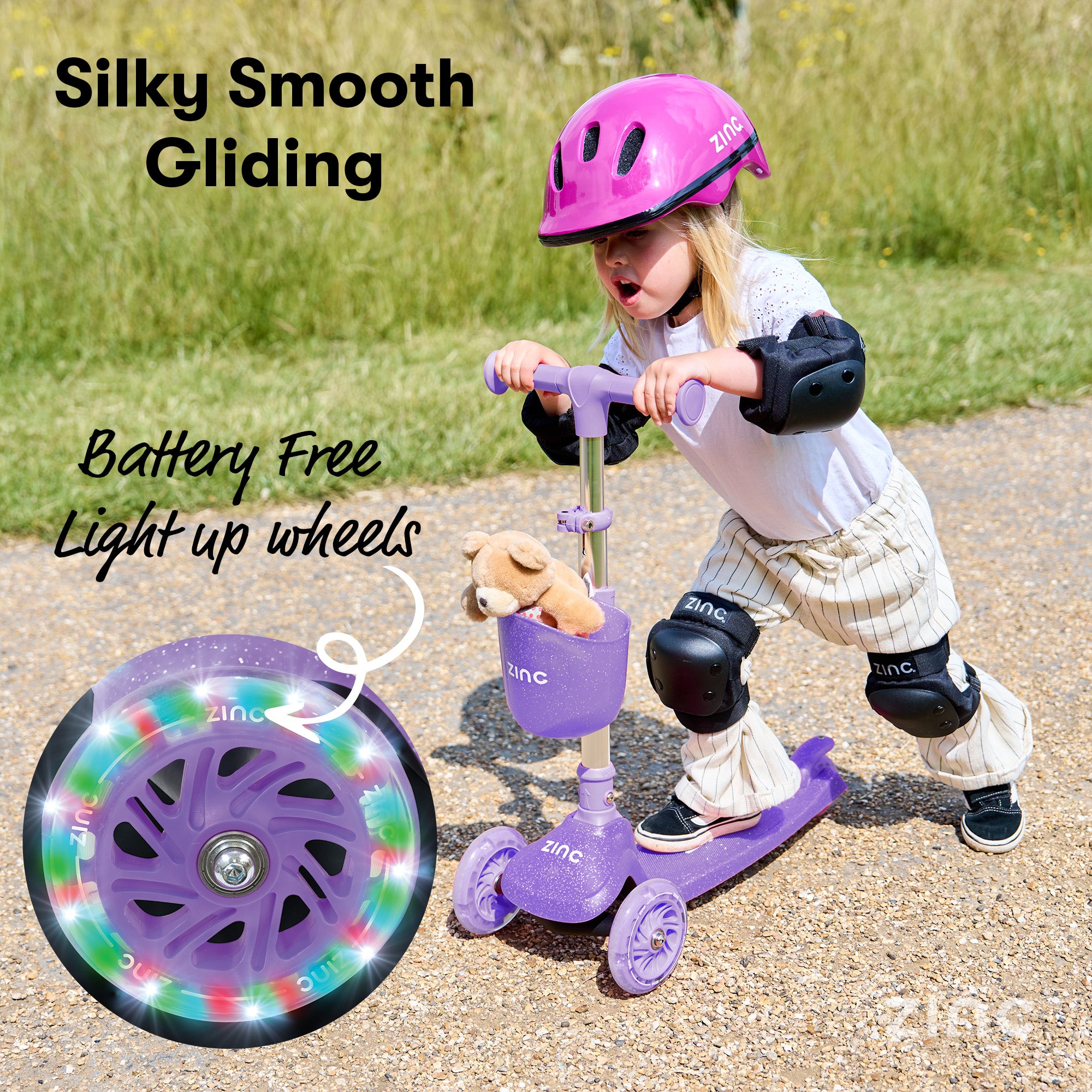 Child riding a purple scooter with light-up wheels in an outdoor setting
