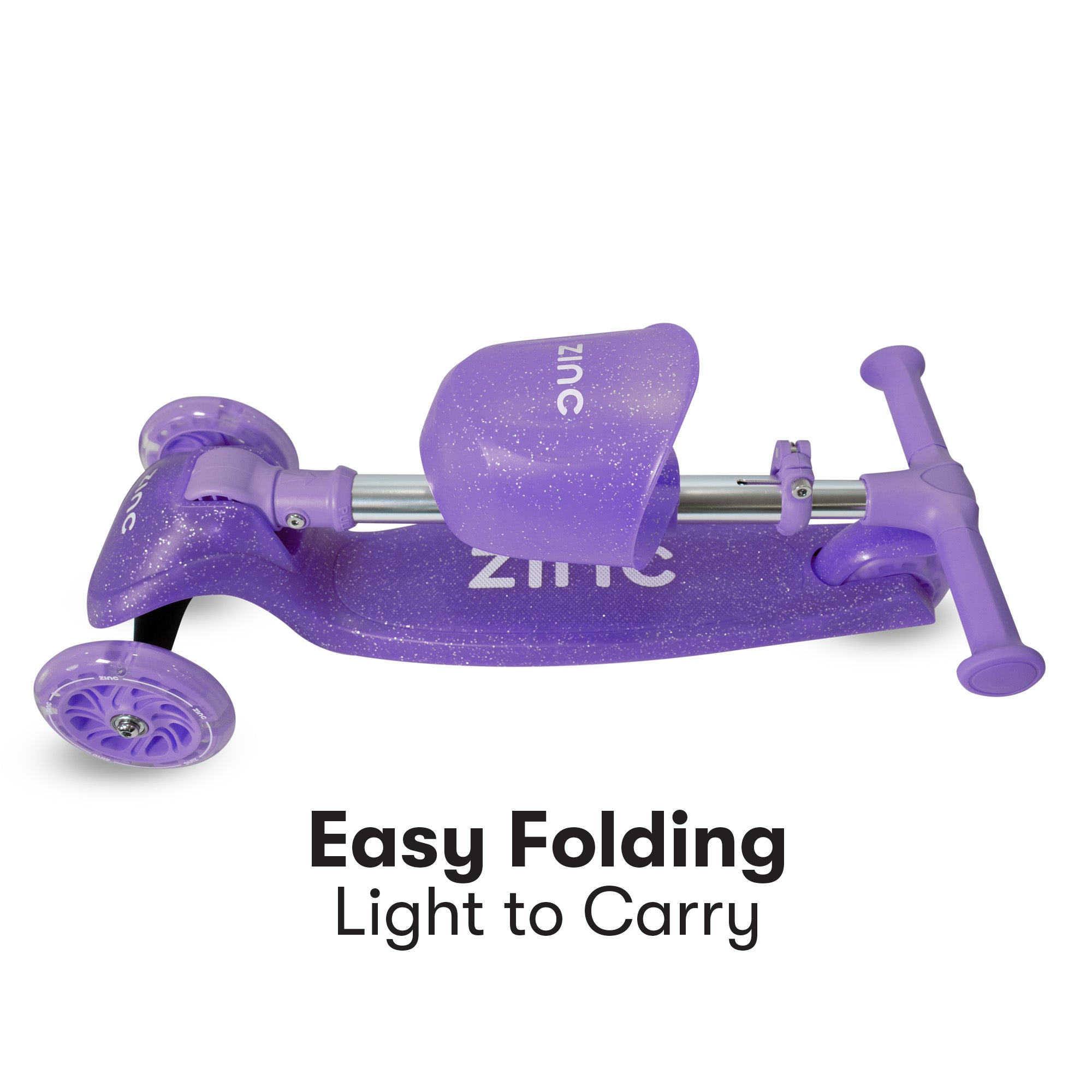 Purple scooter with 'Zinc' branding on a white background