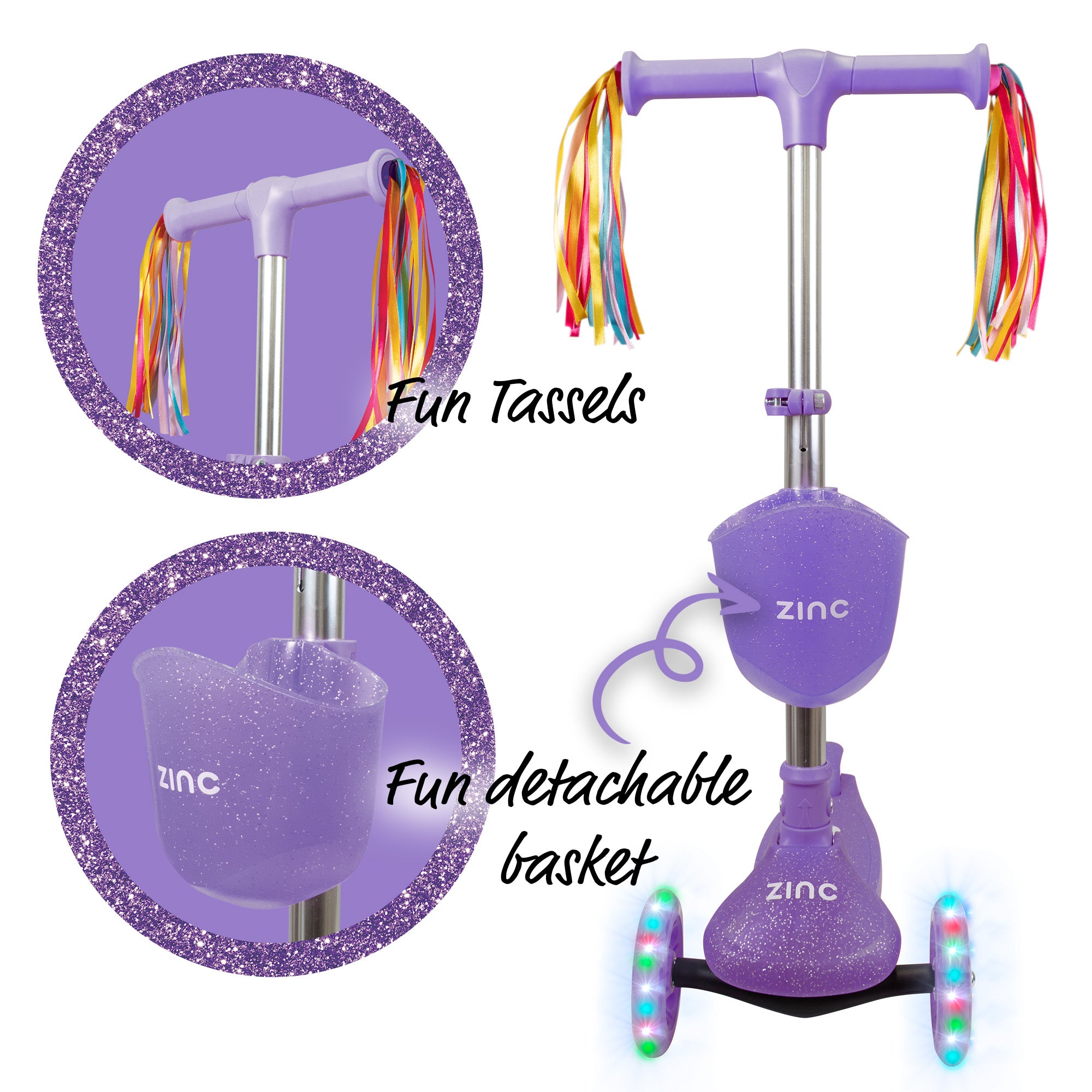 Purple scooter with fun tassels and detachable basket on a white background