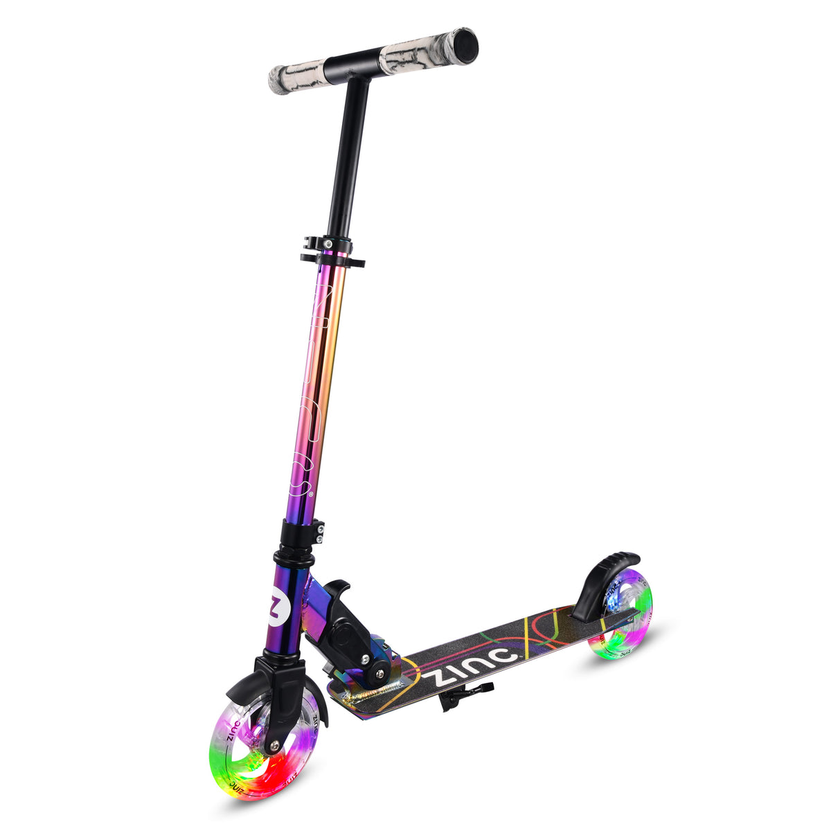A kids' 3-wheel scooter with a black frame, handlebars, and deck, featuring a vibrant iridescent purple and gold gradient on the stem. The wheels are transparent and illuminated with multicolor LED lights.