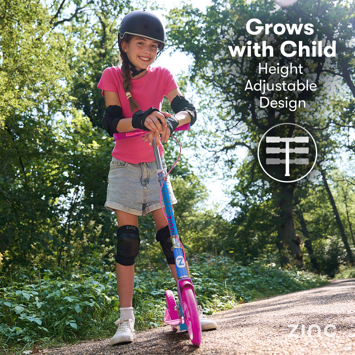 A young girl wearing a black helmet and protective pads stands on a paved path outdoors, holding a colorful scooter. The image includes text overlays reading 'Grows with Child Height Adjustable Design' and a circular logo, indicating a product designed for child height adjustment.