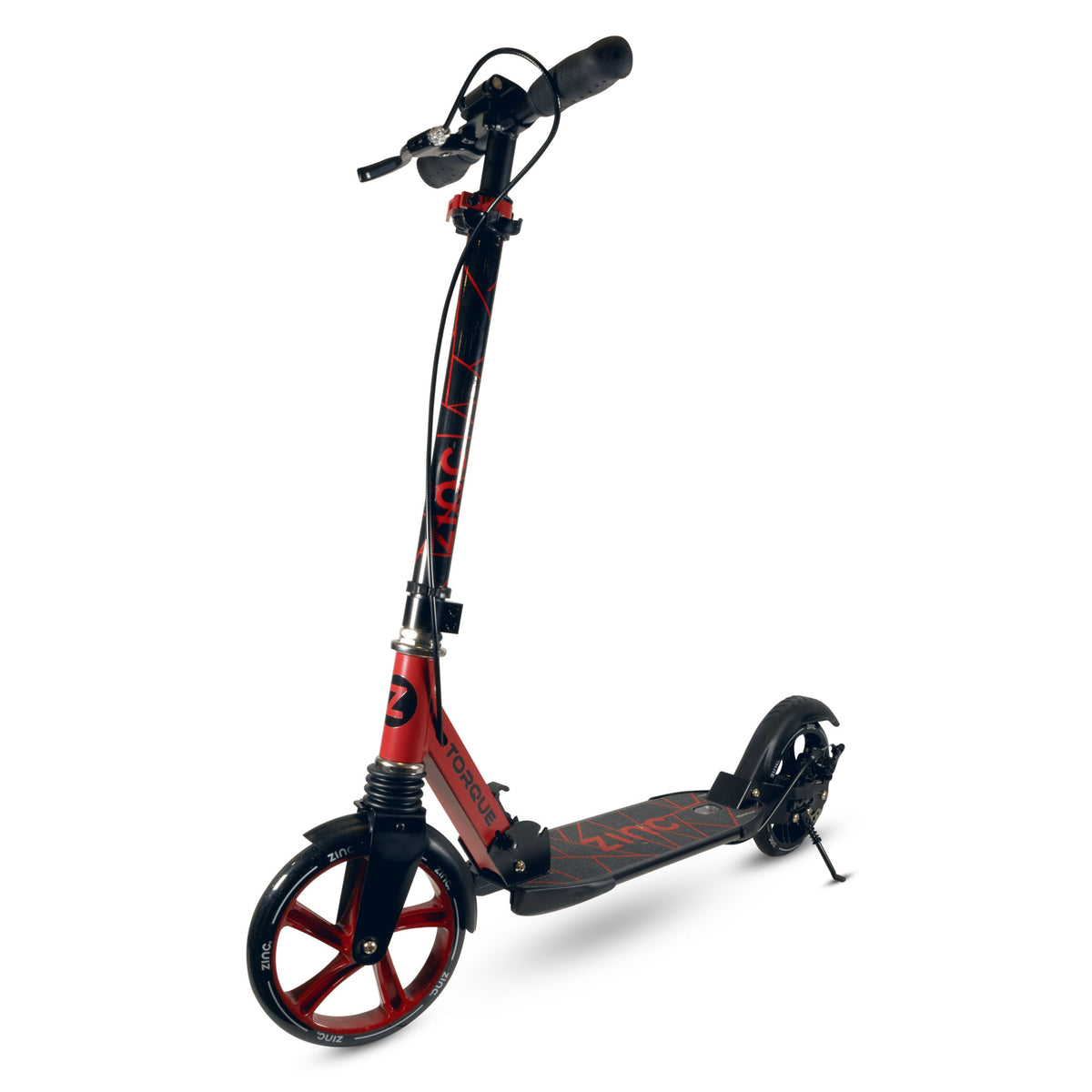 A red and black big wheel folding kick scooter with a kickstand, by Zinc shown on a clean white background.