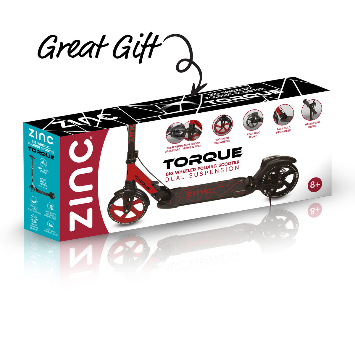 Zinc Torque kids' scooter in its retail packaging, featuring a red and black scooter pictured on the box with product feature icons and a 'Great Gift' promotional text overlay.