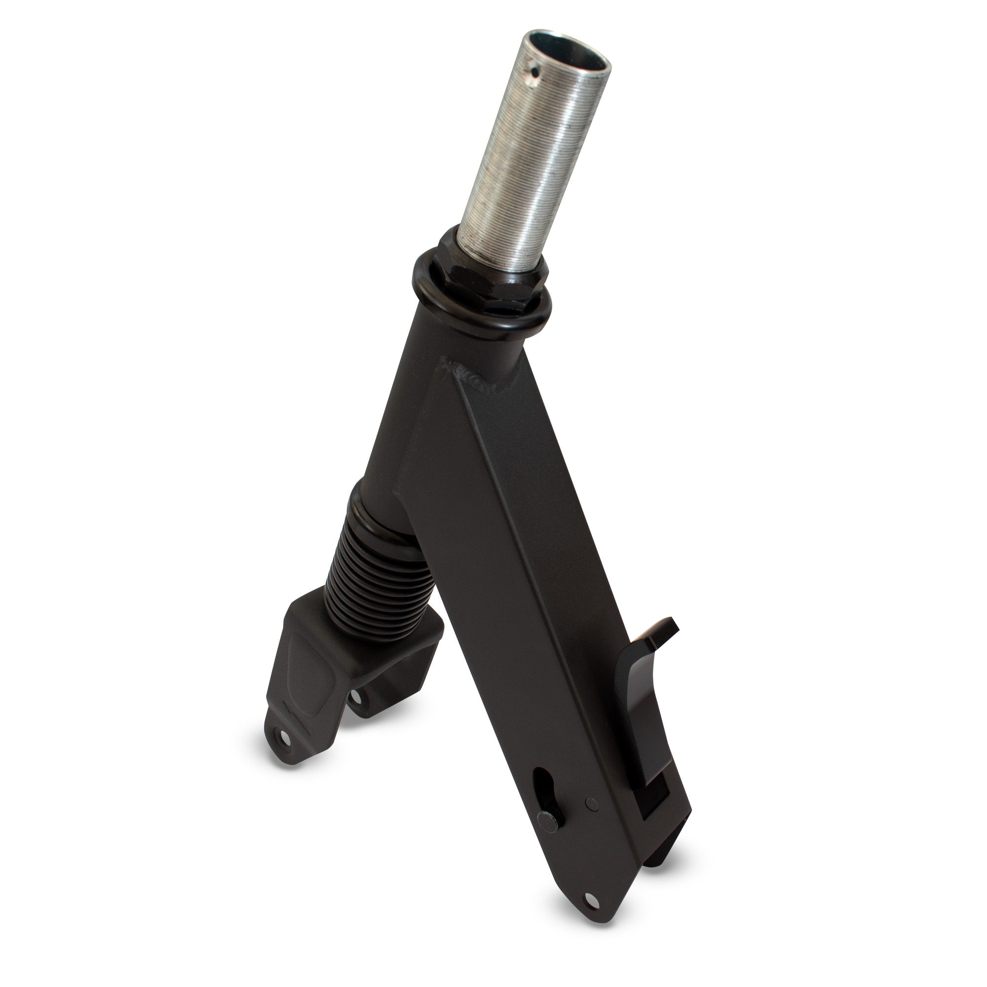 Replacement complete front end for electric scooter, featuring a black fork and stem with a silver deck mounting surface.