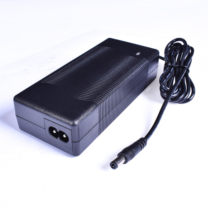 A black battery charger with a power cable and a connector plug, designed for an electric scooter.