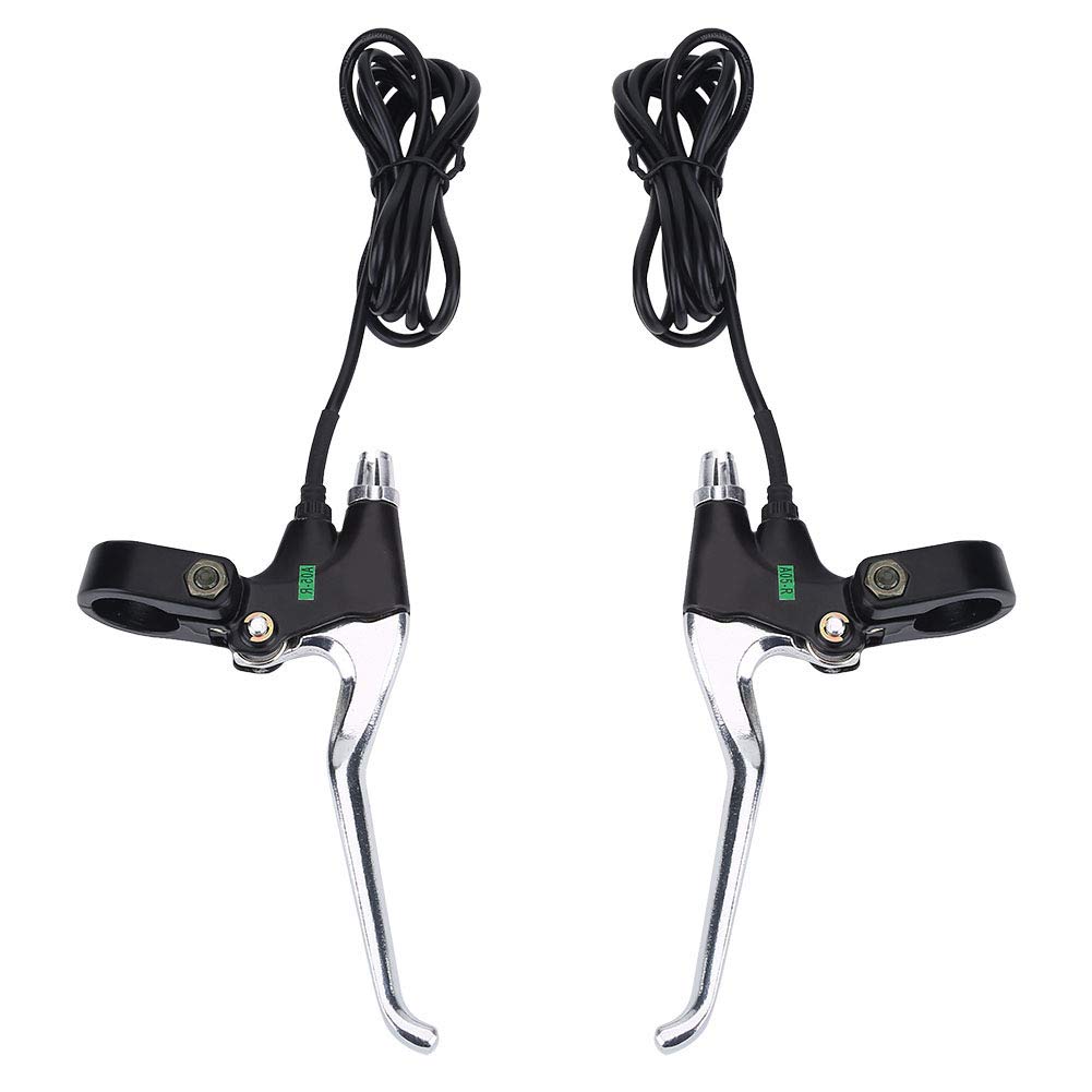 A pair of black and silver electric bike brake levers with cables attached, designed for handlebar controls.