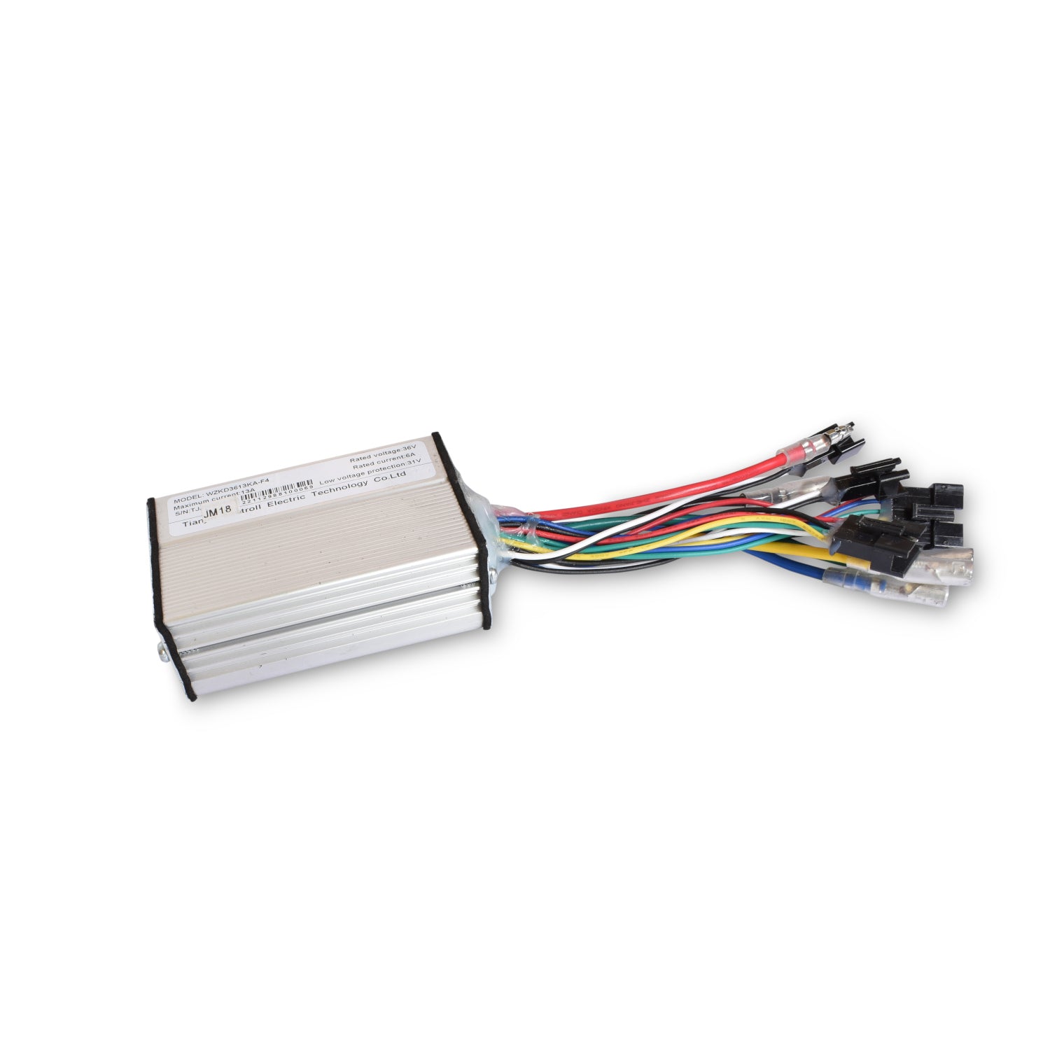 A silver electric bike speed controller with multicolored wires connected to it.