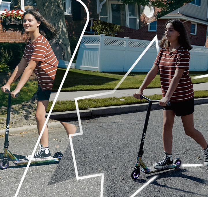 Teenager scooting down the street on her Zinc stunt scooter with an overlayed white abstract design.