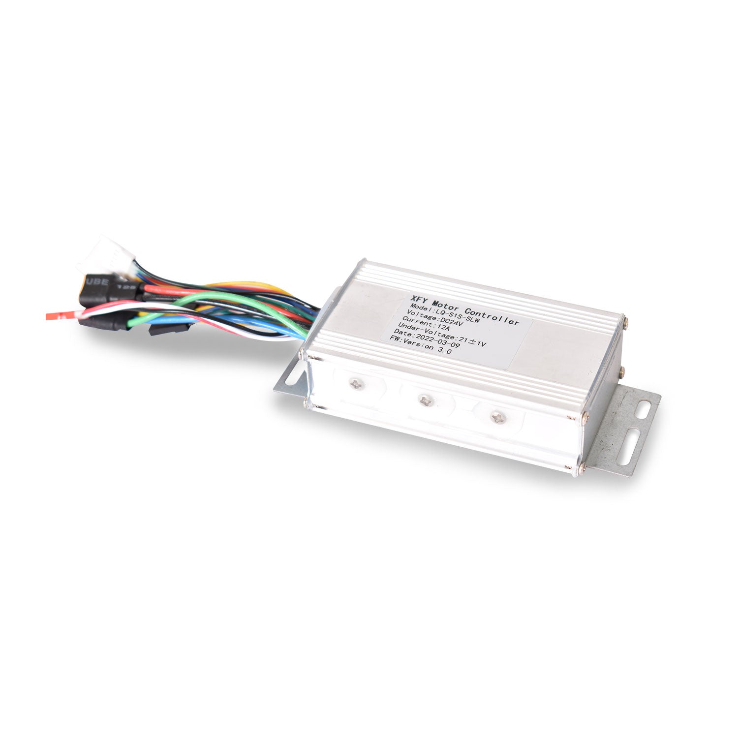 A silver electric scooter speed controller with multicolored wires connected to it.
