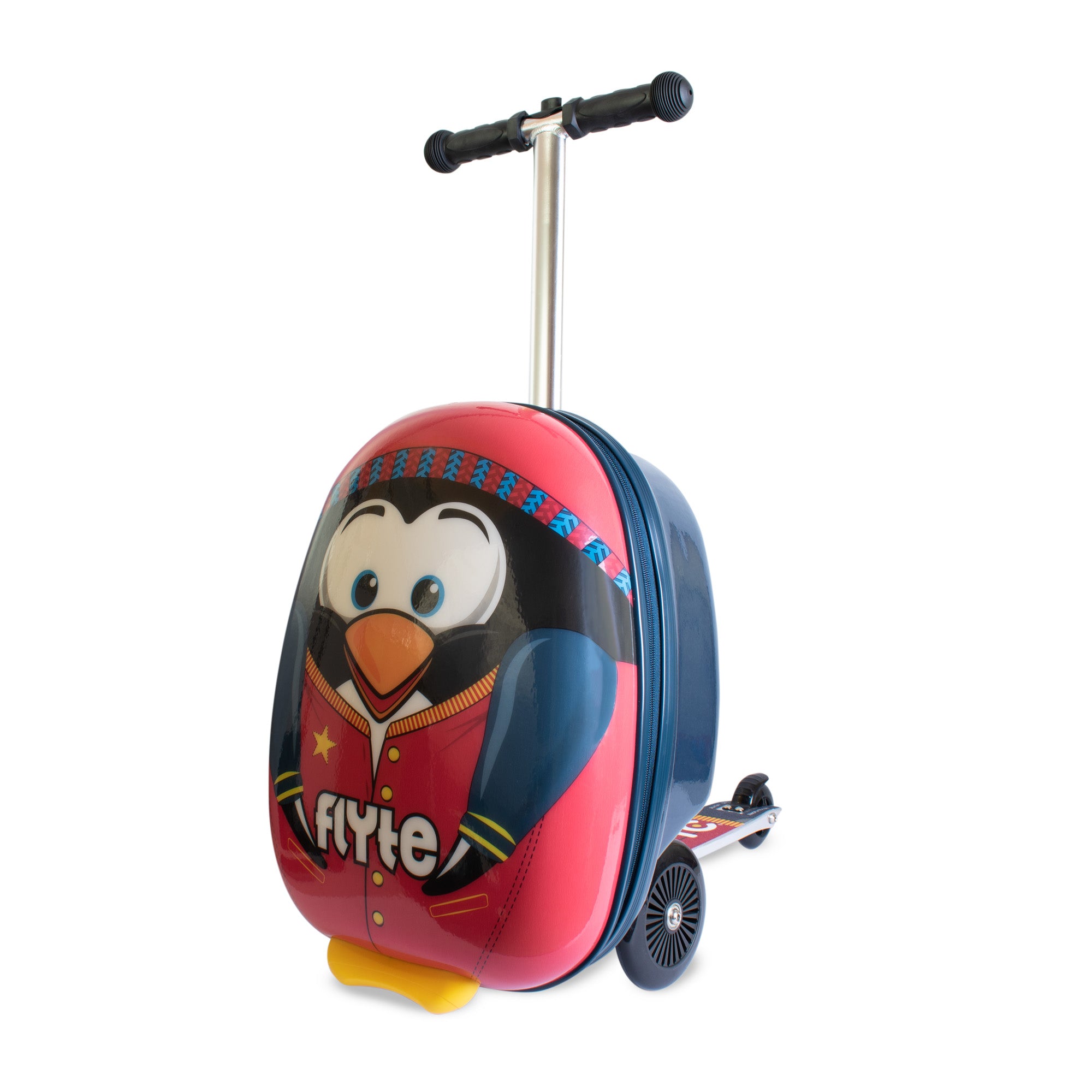Flyte Midi Perry the Penguin scooter suitcase 18 inch with red, blue, black and white penguin design