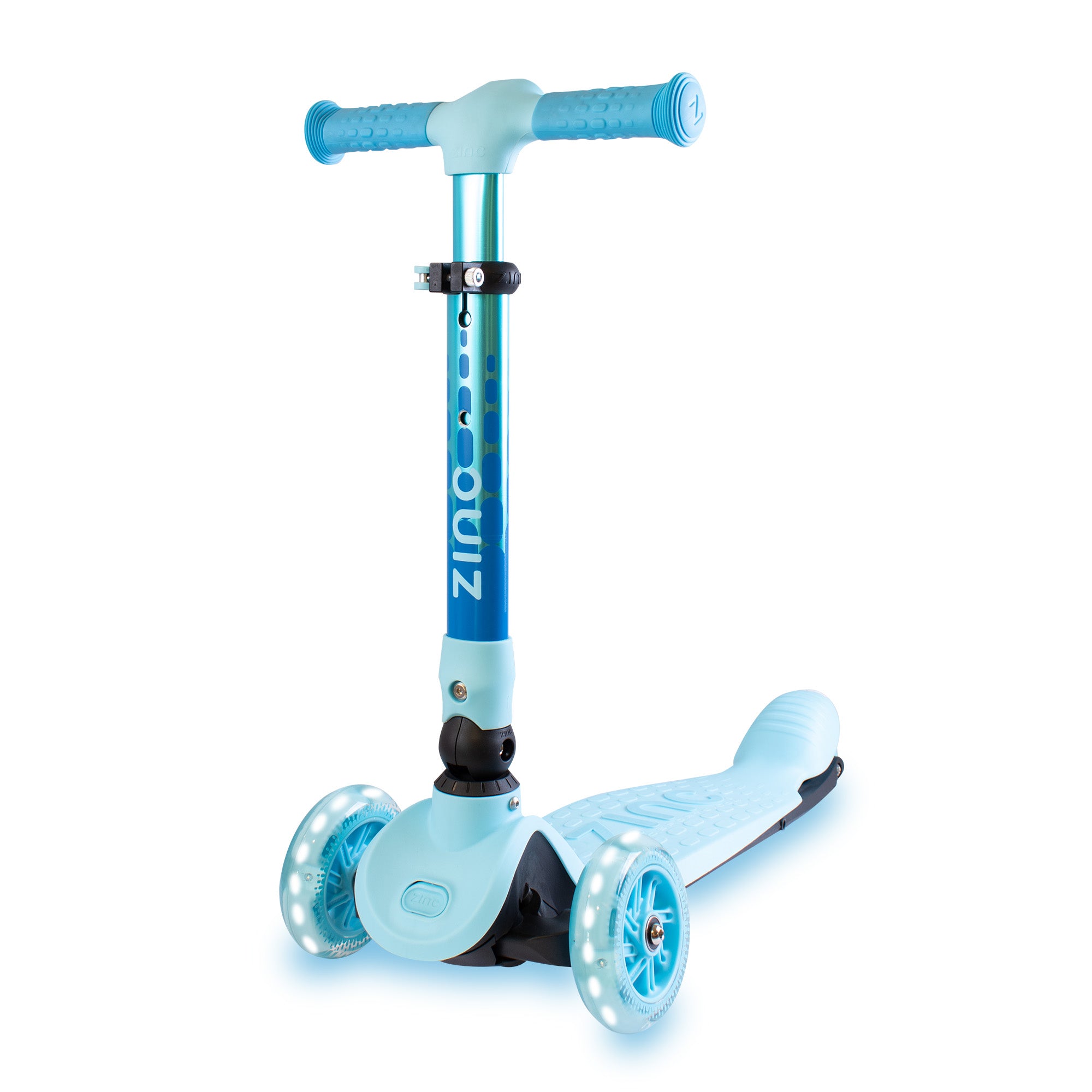 Blue Zinc Flyte three-wheeled scooter front view product shot