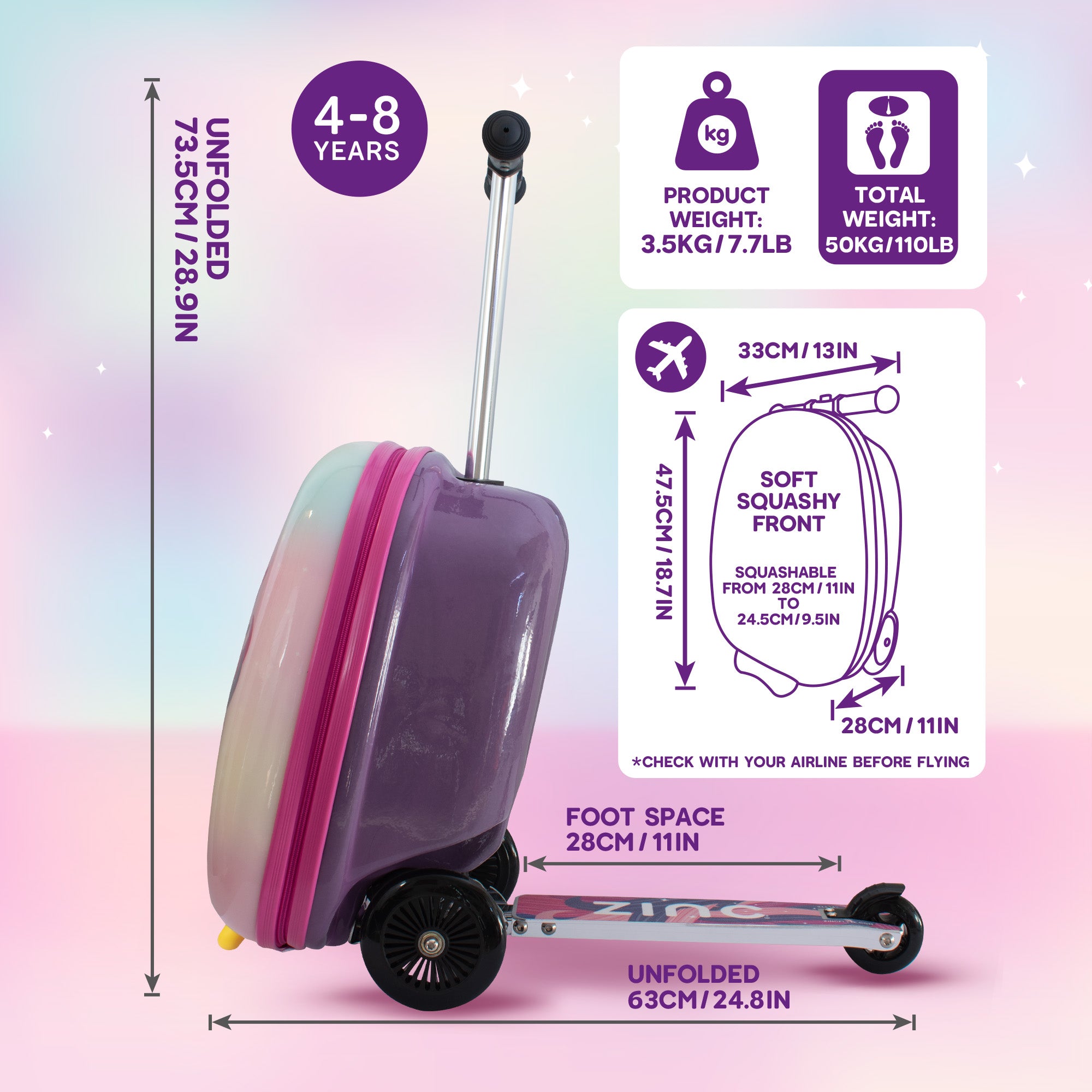 Luna Unicorn scooter suitcase side view showing lean-and-steer functionality and sturdy construction