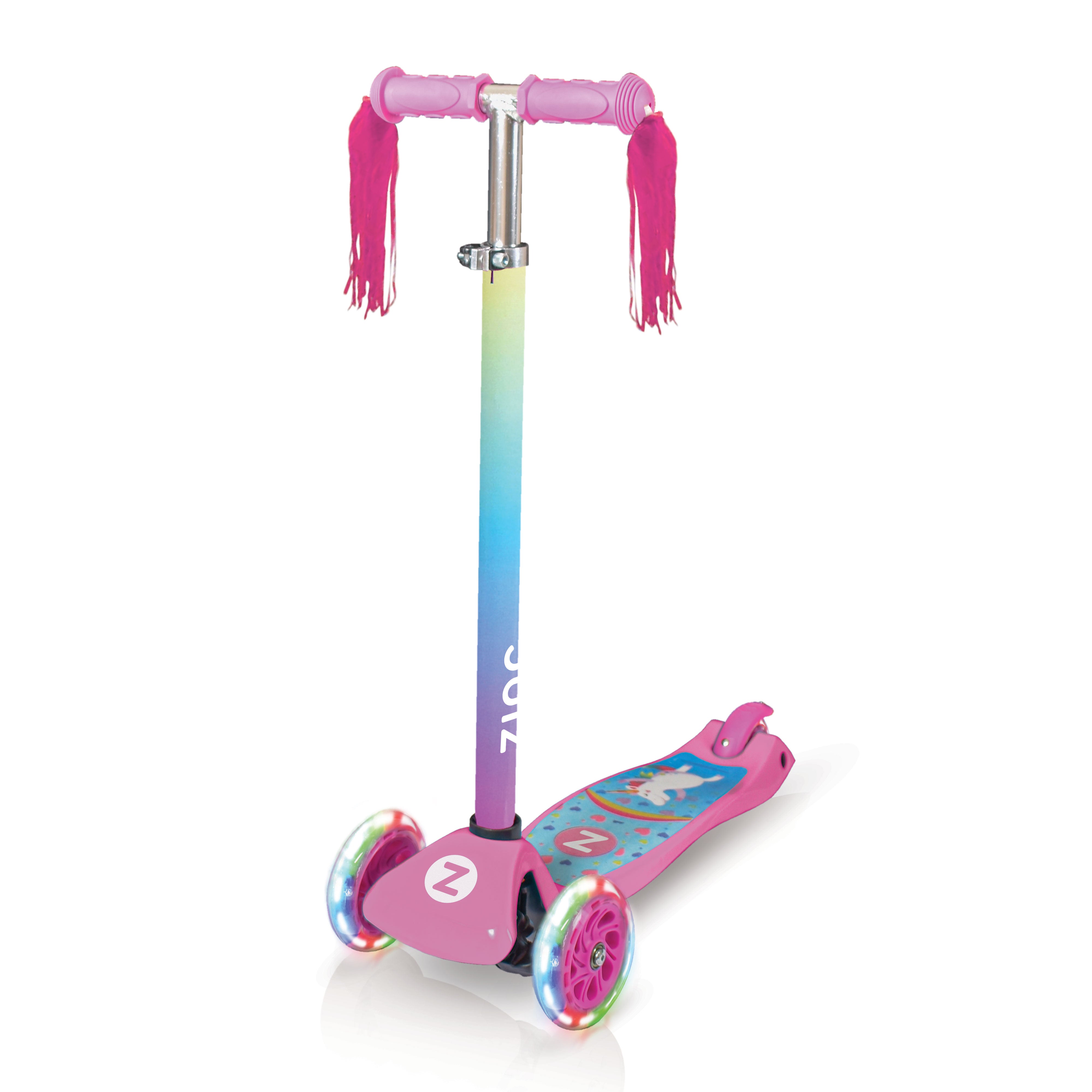 Zinc Three Wheeled Explorer Non Folding Scooter Unicorn - main product view with light-up wheels and handlebar tassels