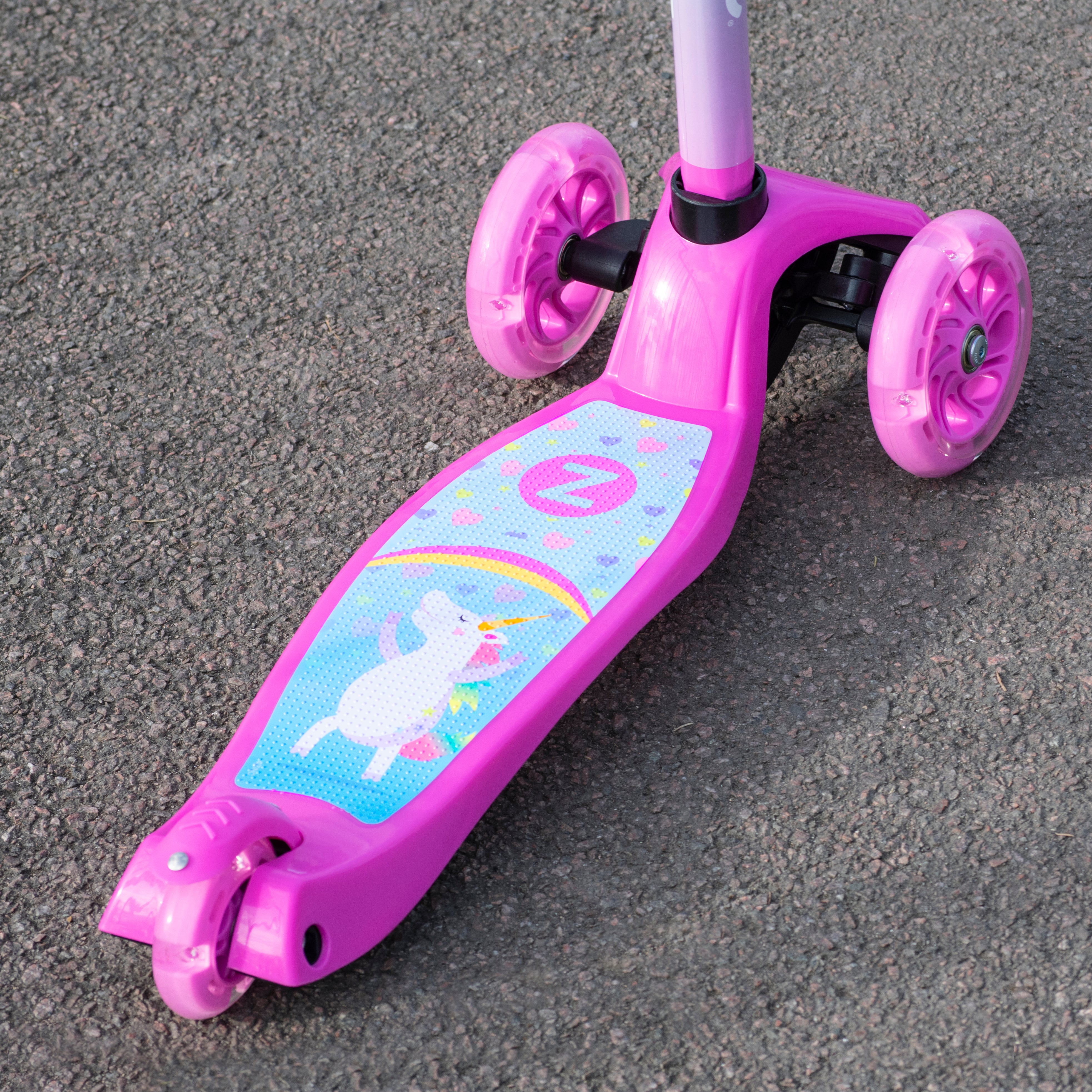 Zinc Three Wheeled Explorer Non Folding Scooter Unicorn - deck and platform close-up with unicorn graphics and Zinc branding
