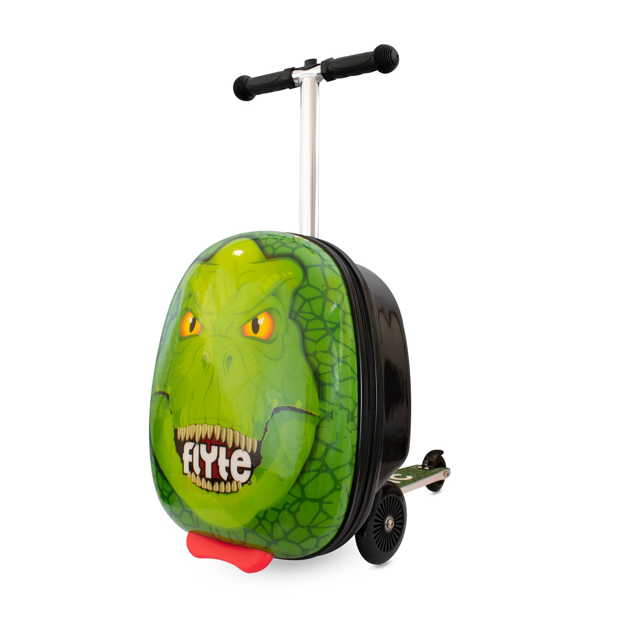 A 18 inch travel suitcase designed to look like a dinosaur, with a green face and red details.