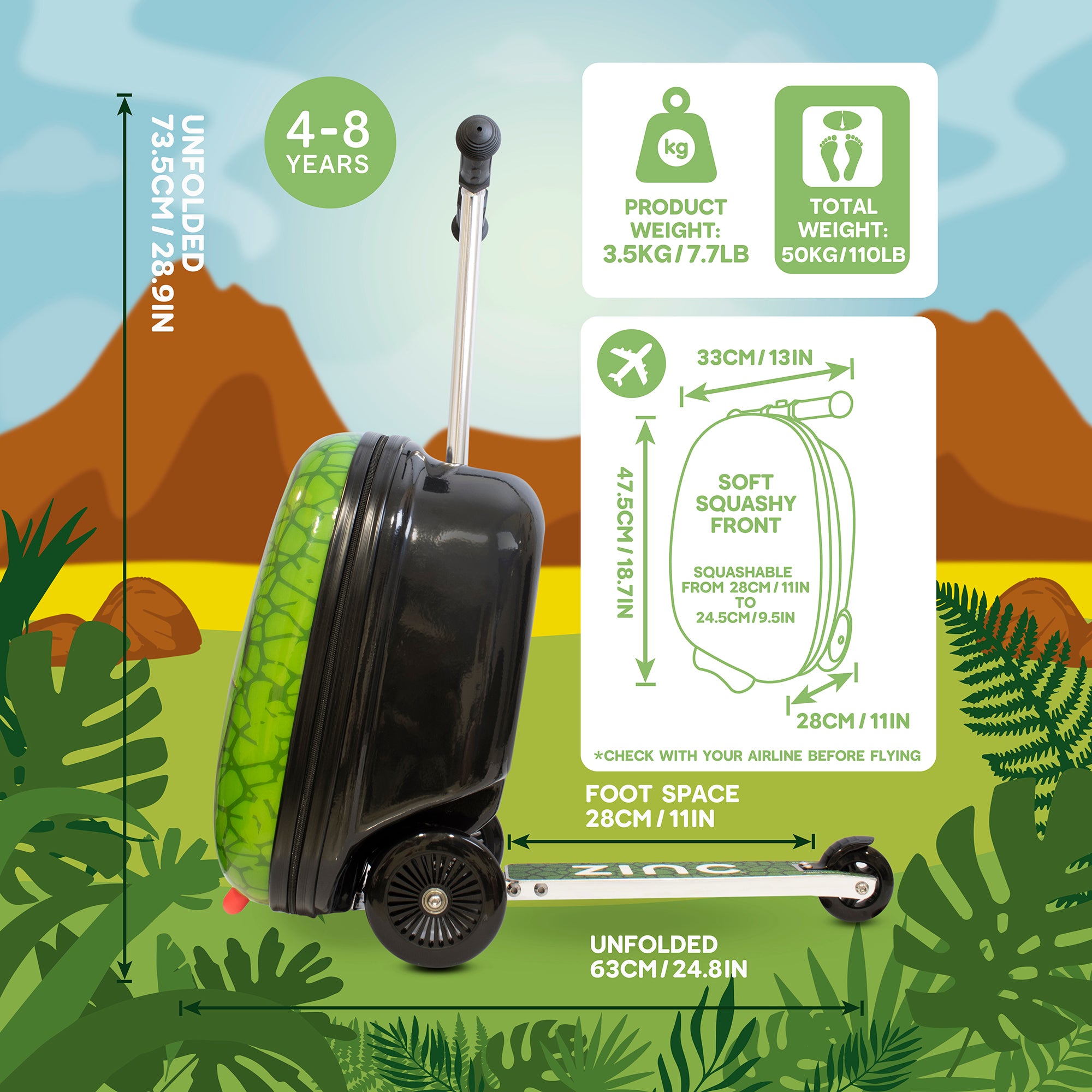 Darwin the Dino scooter suitcase side profile in riding position showing lean-and-steer functionality