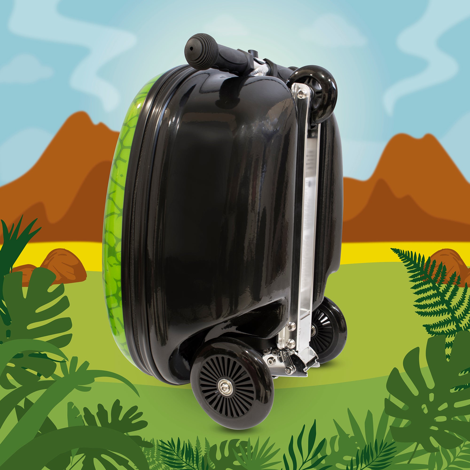 Darwin the Dino scooter suitcase rear view showing compact design and durable construction