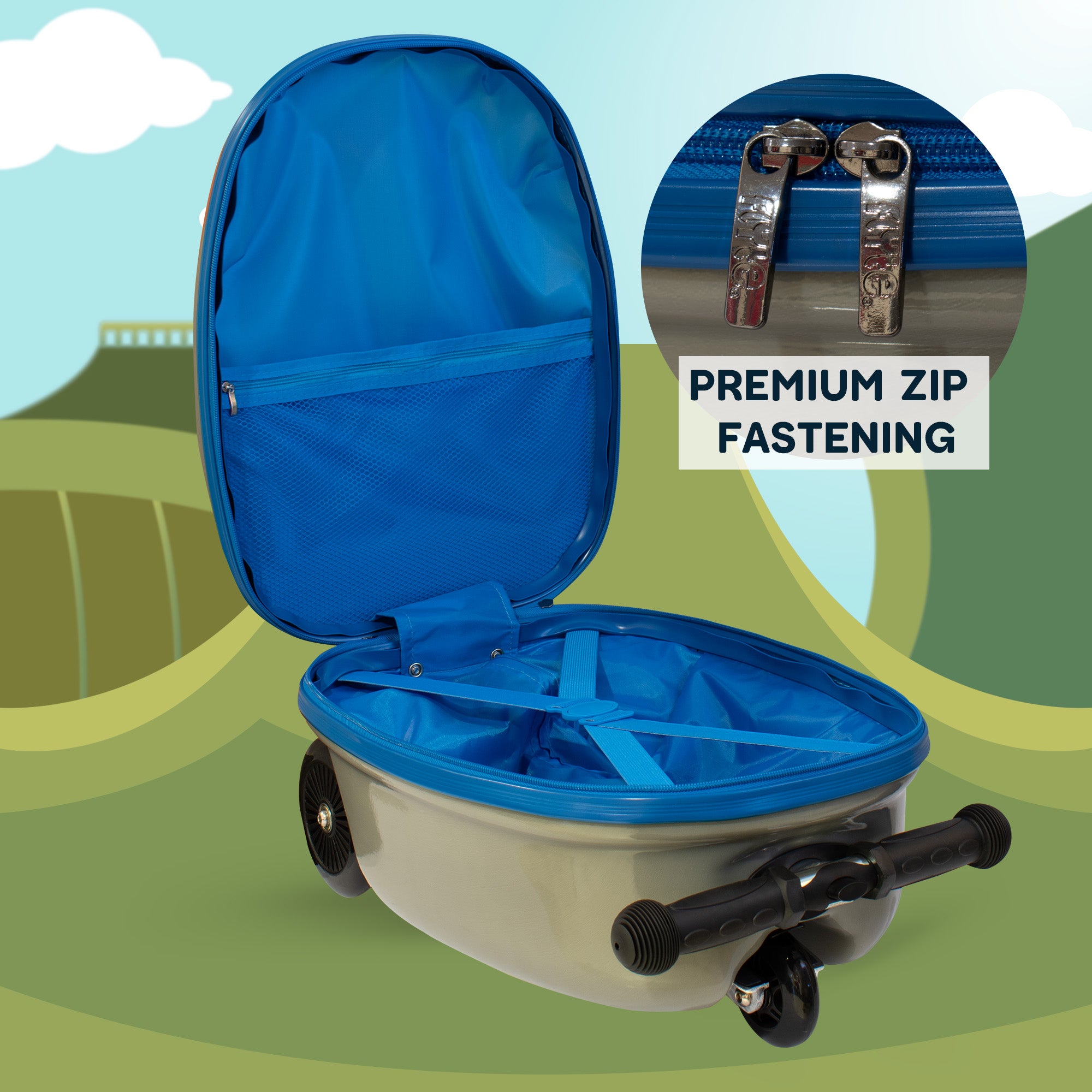 Eddie the Elephant scooter suitcase interior showing spacious packing compartment for kids travel essentials