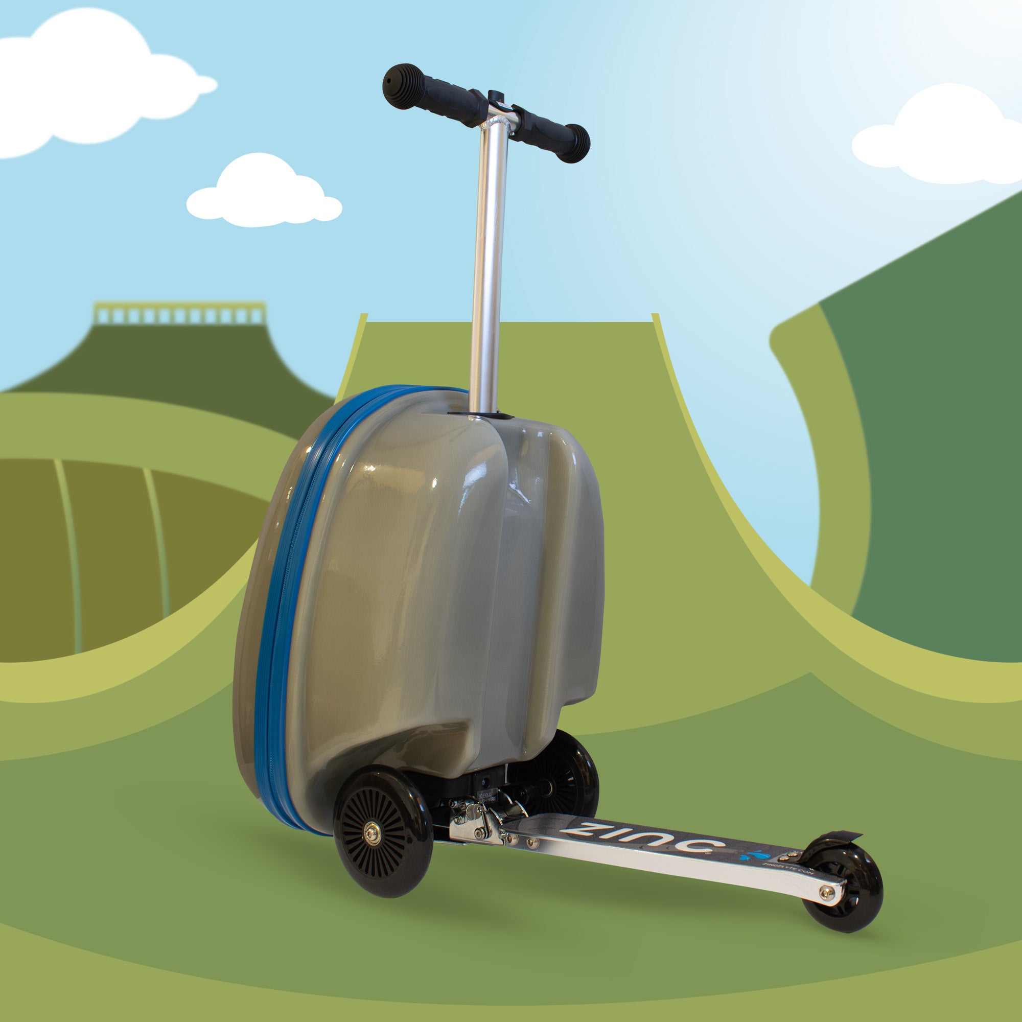 Eddie Elephant scooter suitcase rear view in riding mode showing extended deck and elephant-themed design