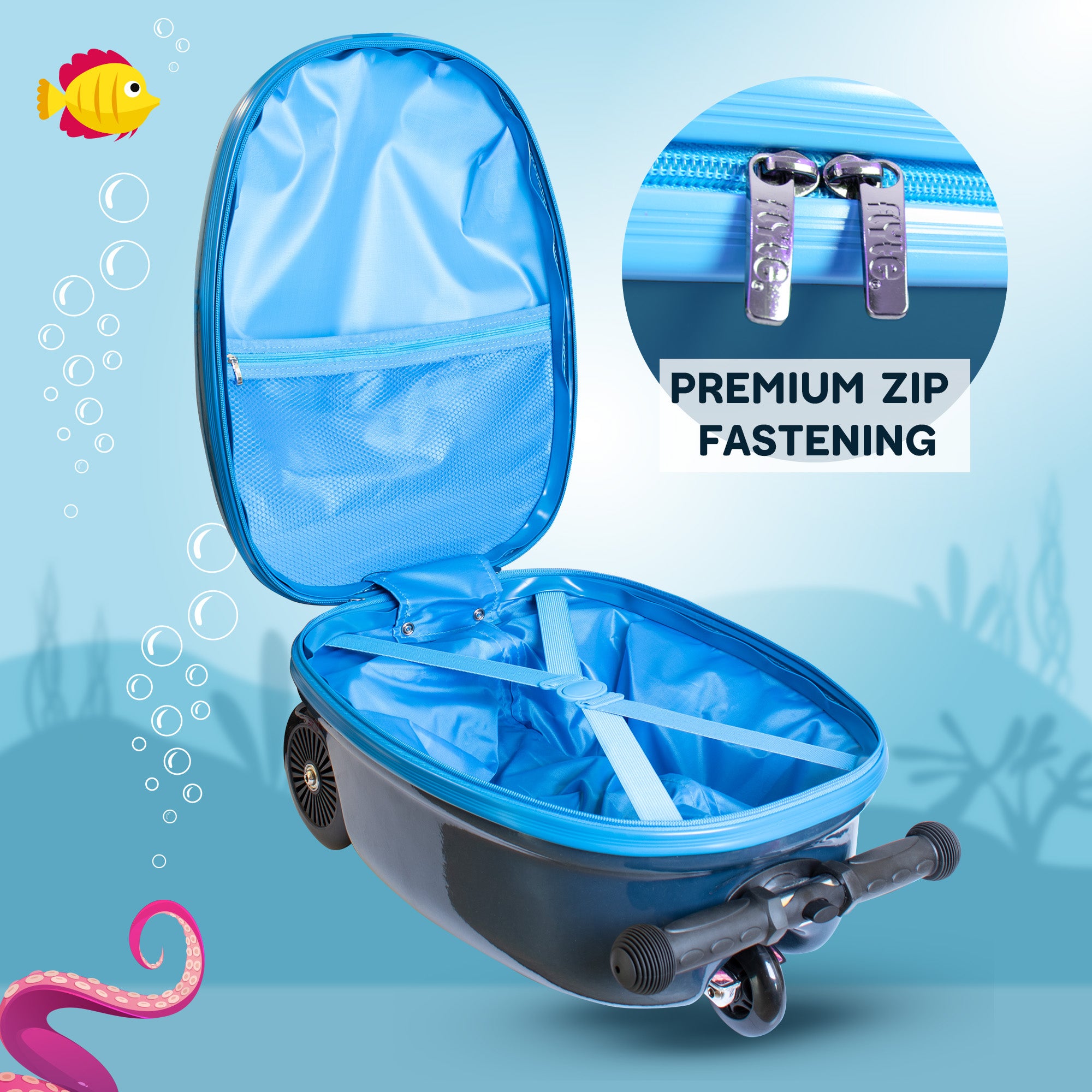 Flyte Midi Shark scooter suitcase interior - spacious packing compartment for children's travel