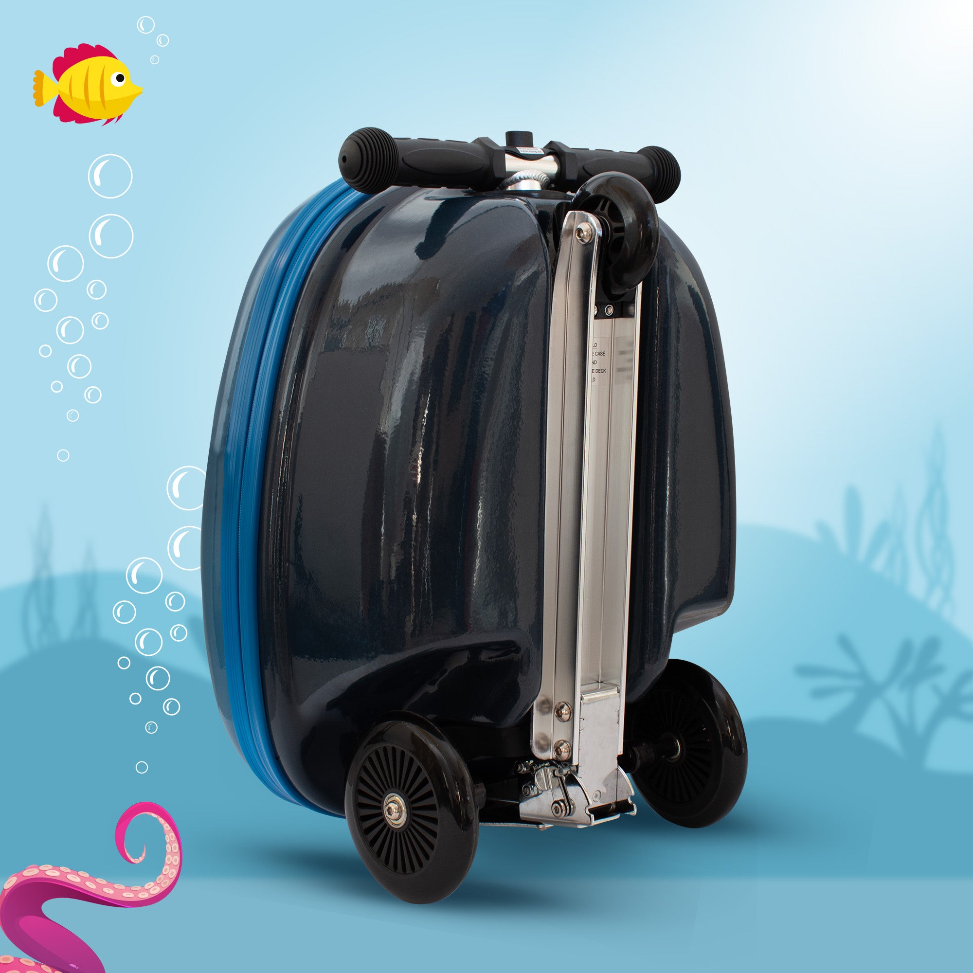 Flyte Midi Stormy the Shark suitcase back view - scooter mechanism folded for compact travel storage