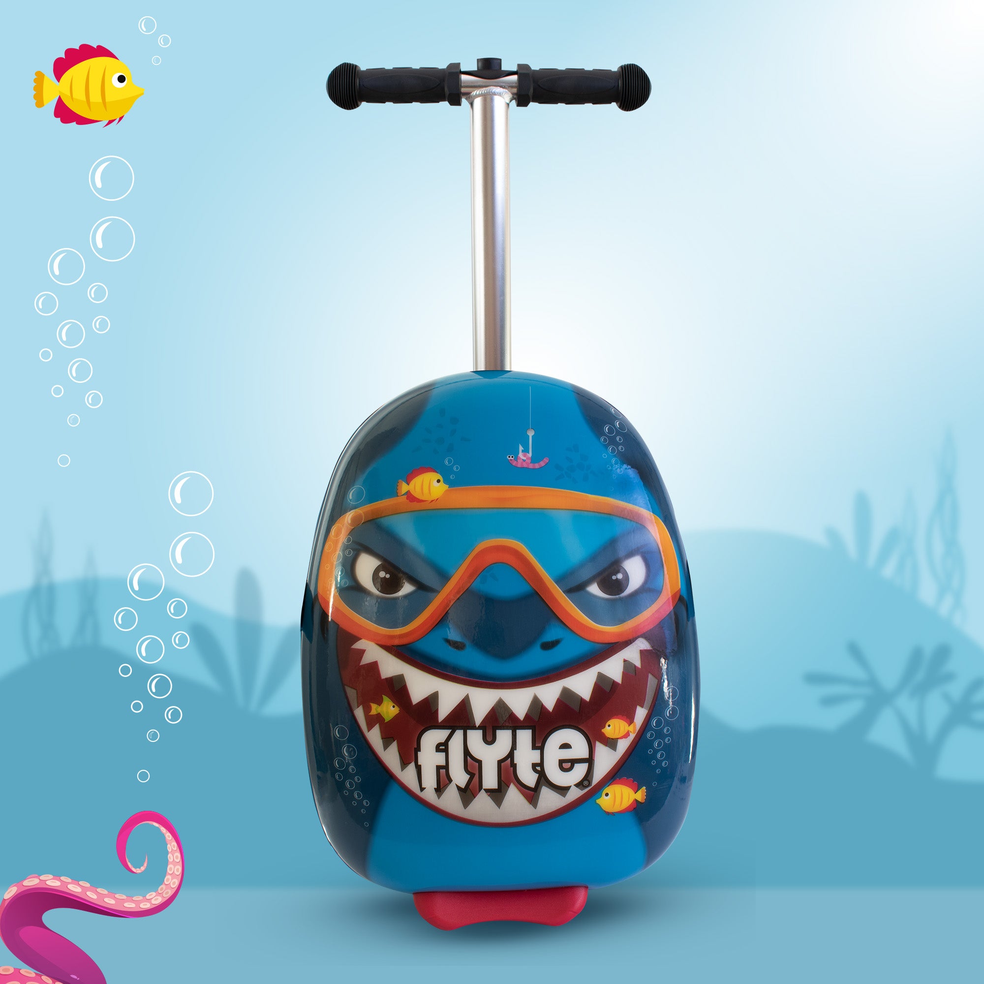 Flyte Midi Stormy the Shark scooter suitcase with telescopic handle extended - 18 inch kids luggage