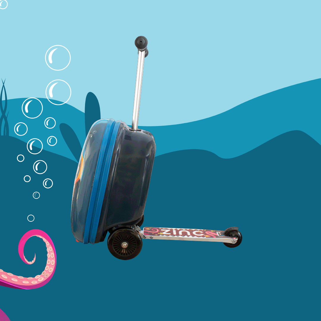 Flyte Midi Stormy the Shark scooter suitcase transformation animation - converts from luggage to scooter
