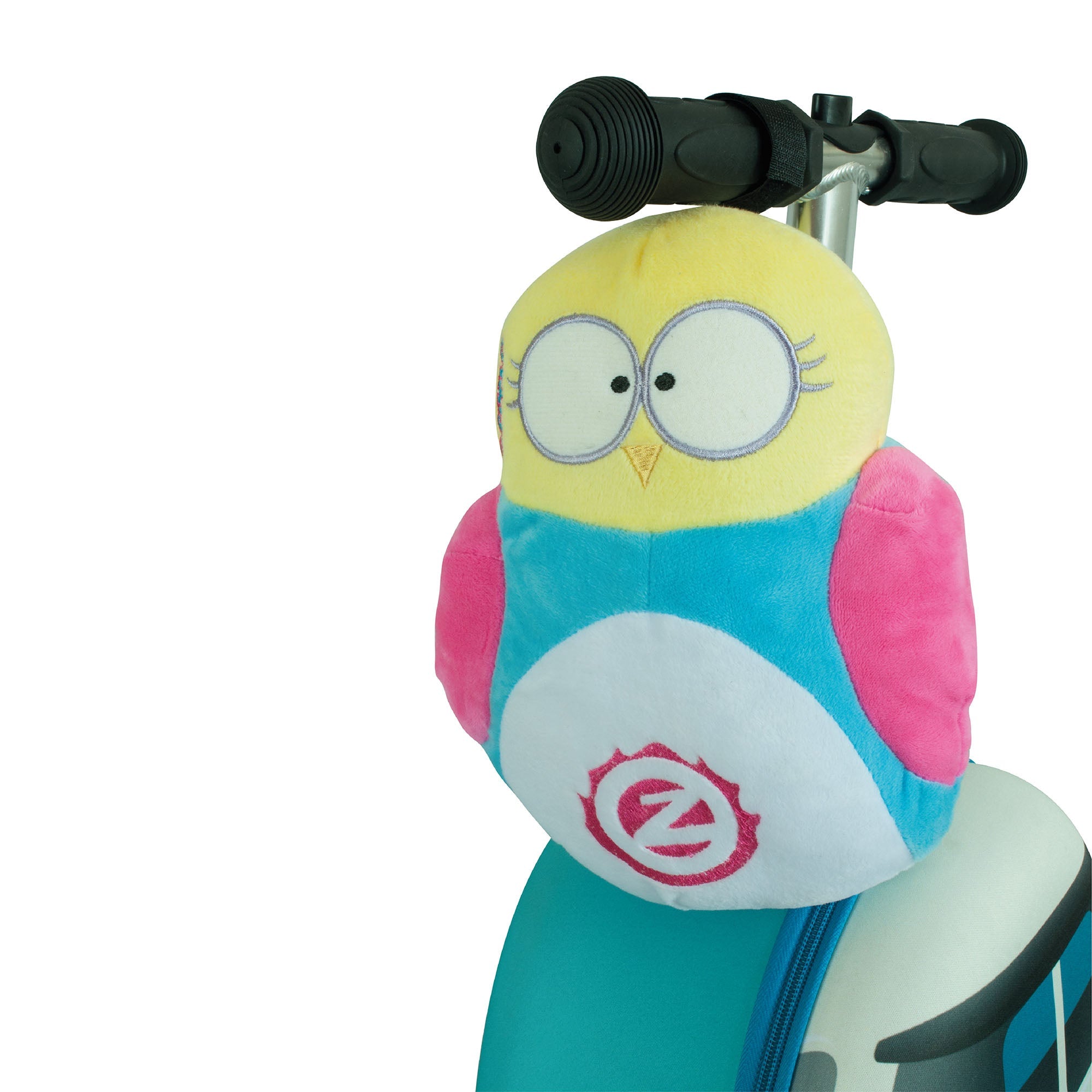 Zinc Flyte Backpack Olivia the Owl design folded away into plush, conveniently hanging on scooter handles