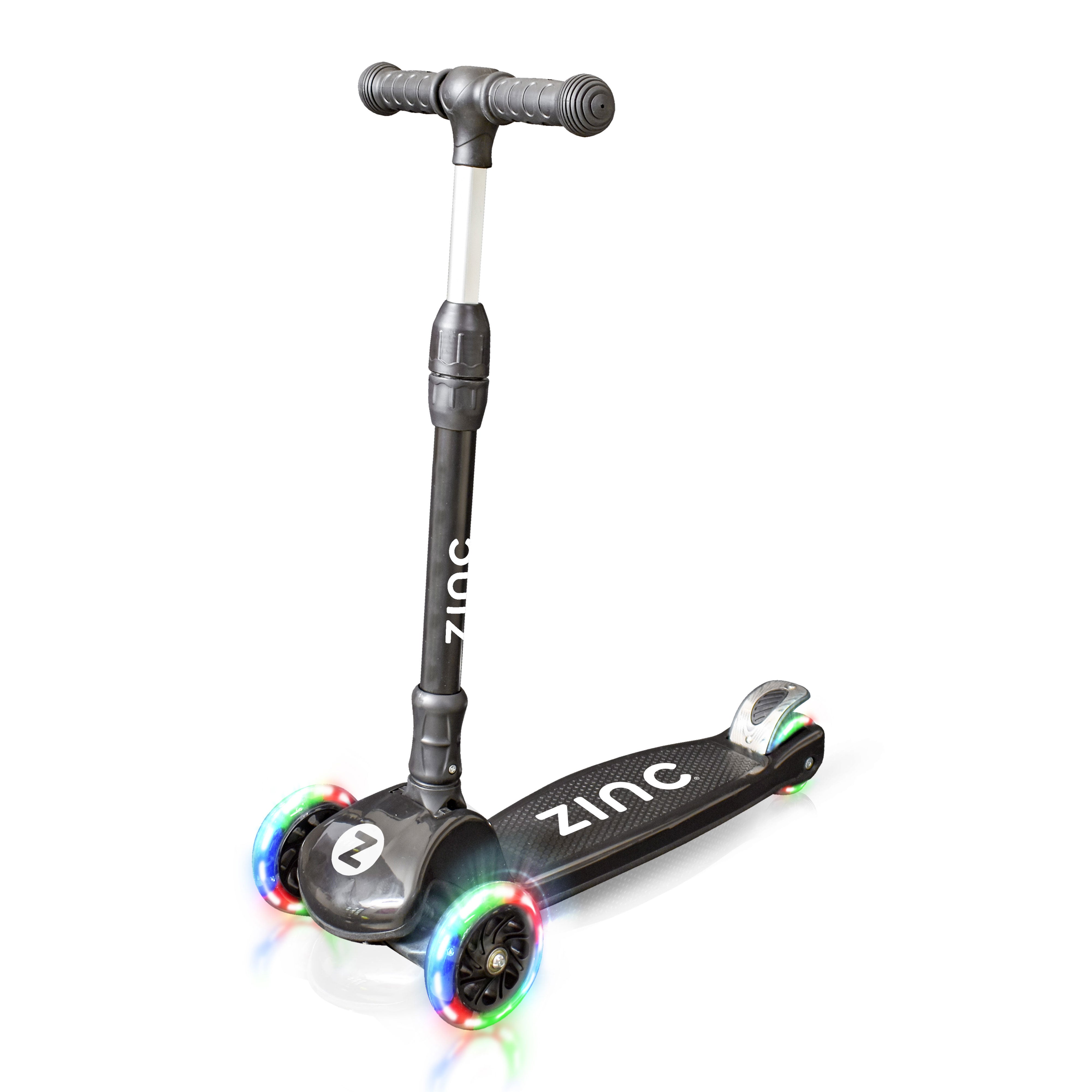 Zinc T-motion Three Wheeled Folding Light Up Scooter Black - main product view showing folding mechanism and light-up wheels