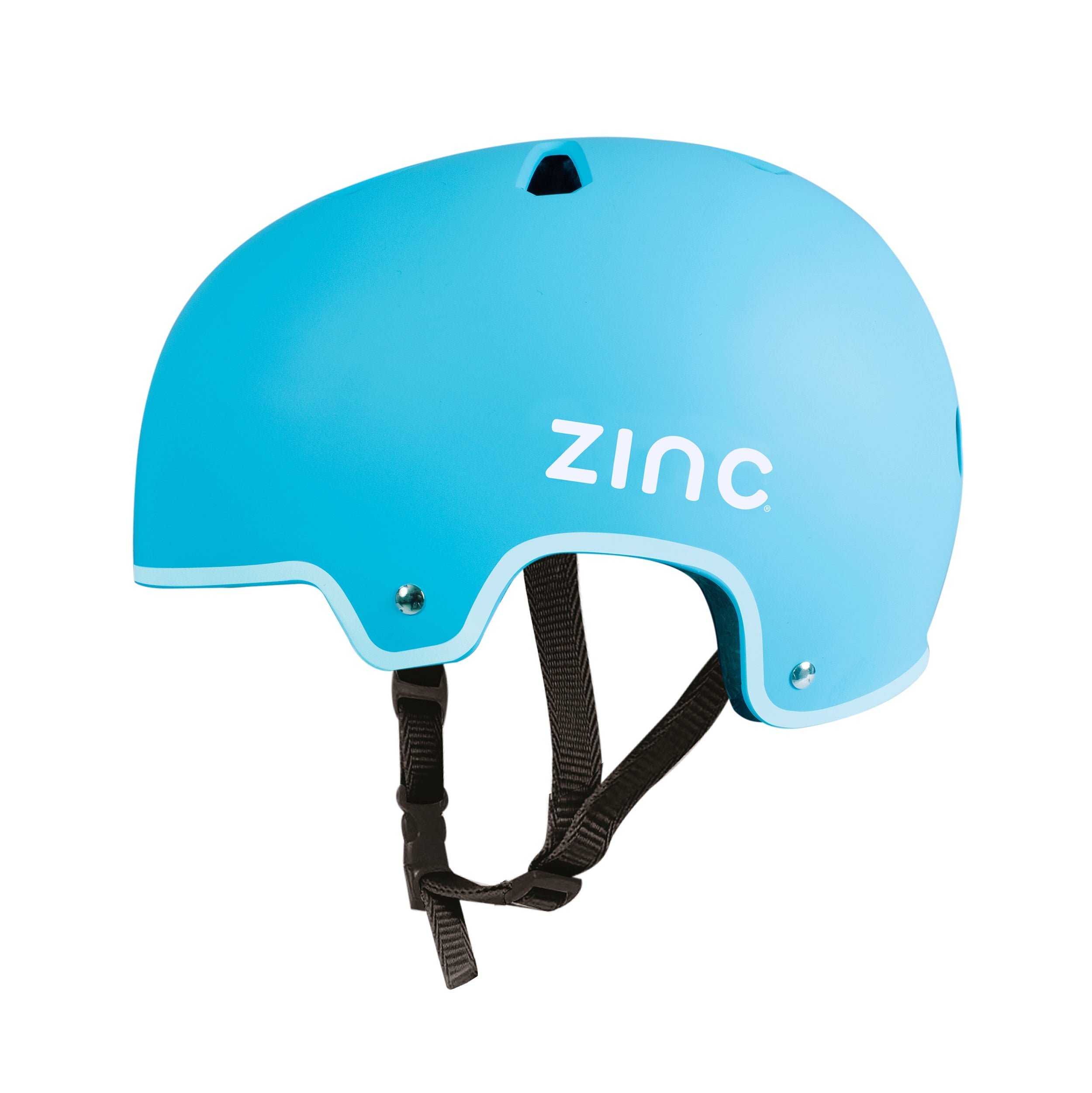 Side view of Zinc Move blue helmet showing ventilation holes and adjustable straps