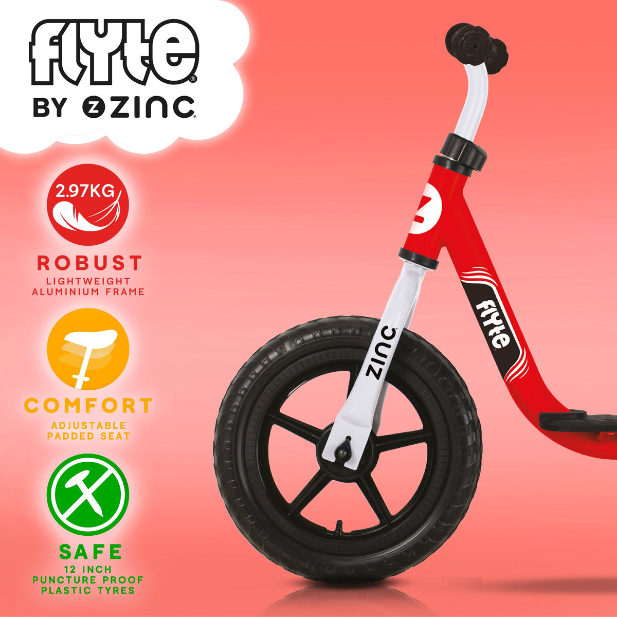 Zinc Flyte Dash Balance Bike Wheel Close-up - 12 Inch Puncture-Proof Wheels and Lightweight Aluminium Frame