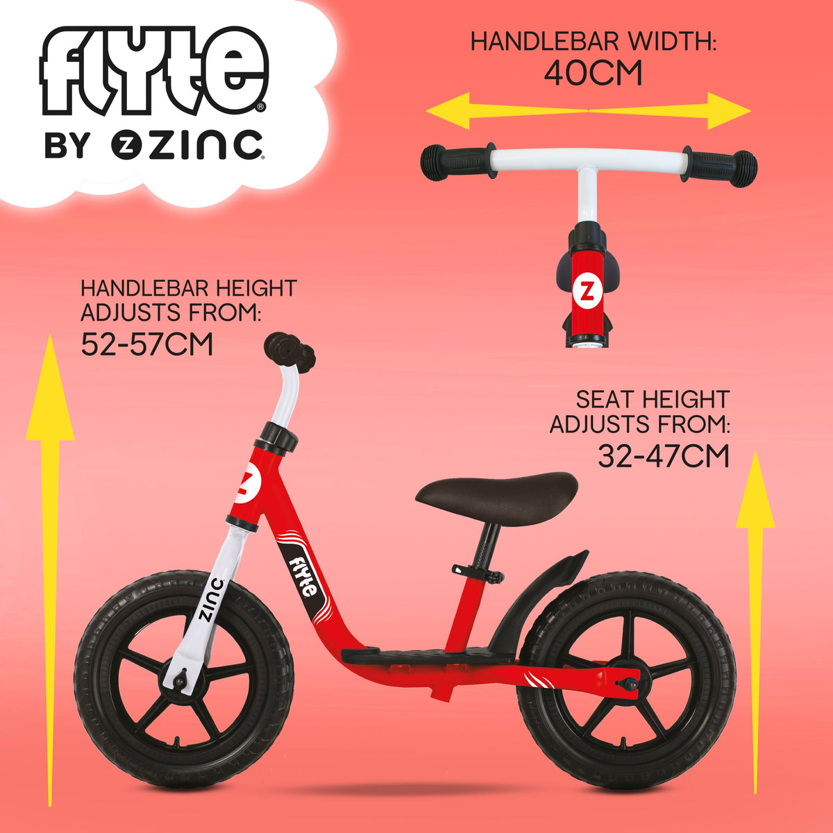 Zinc Flyte Dash Balance Bike Size Guide - Adjustable Dimensions and Measurement Chart for Ages 2+