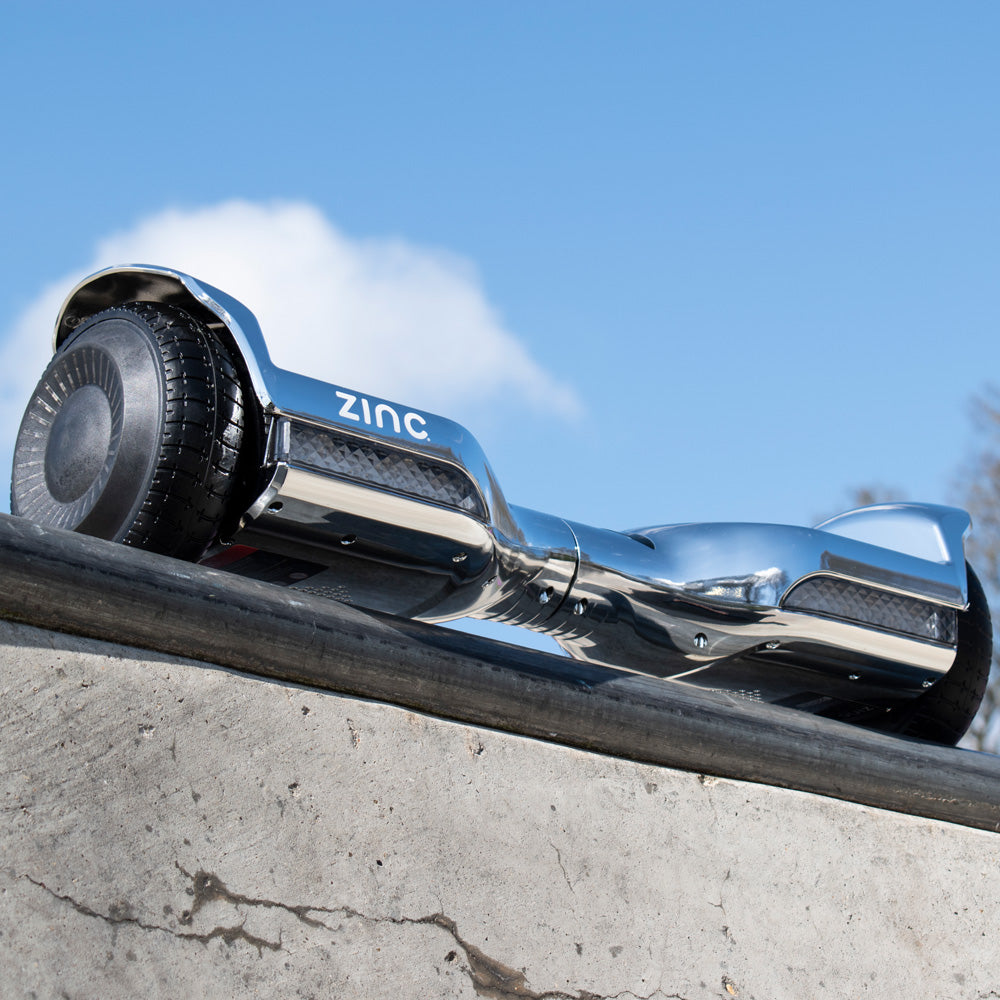 Chrome hoverboard with multi-coloured LED lighting effects and wireless Bluetooth music connectivity