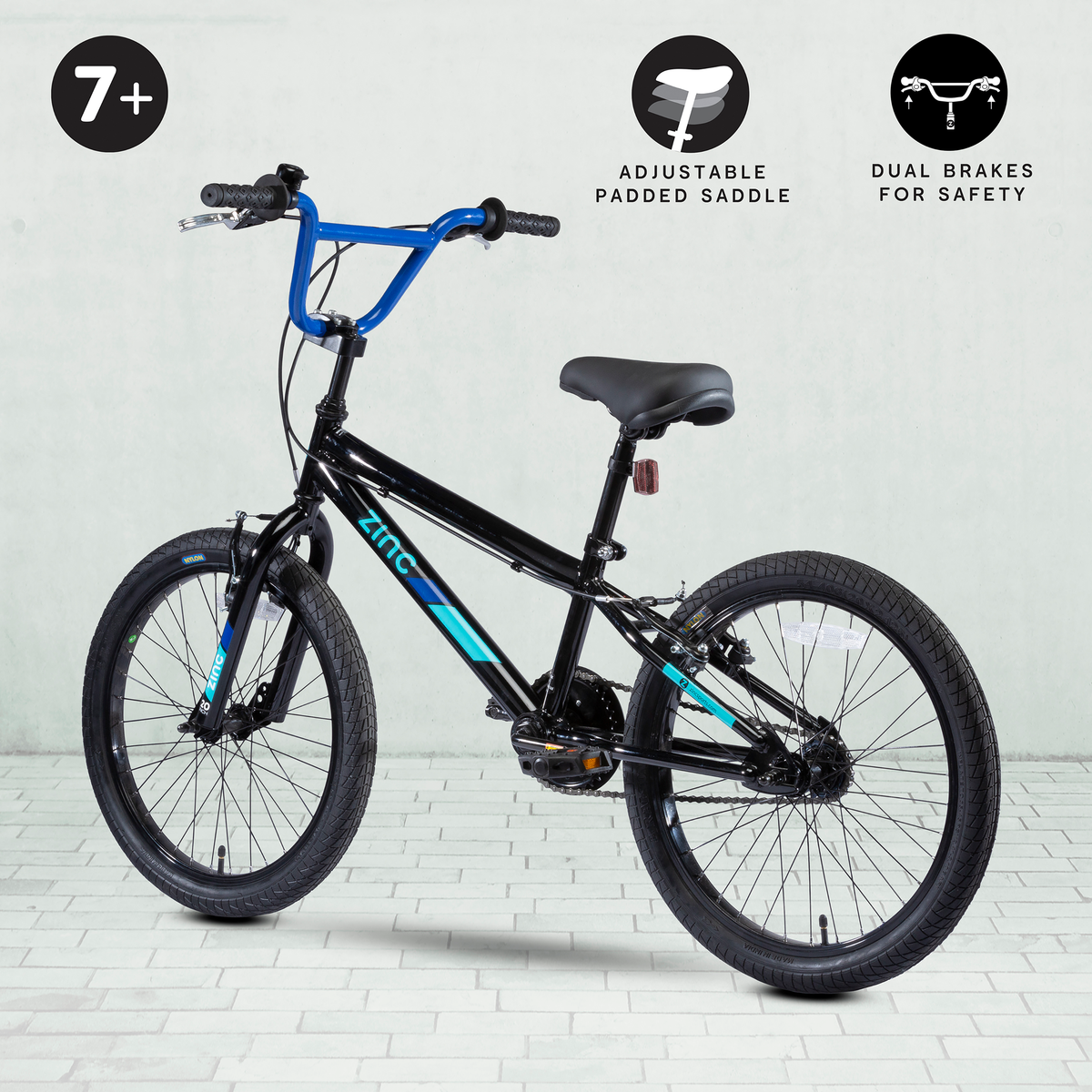Zinc Switch BMX Bike Specifications - 7+ Years Age Rating with V-Brakes and Stunt Peg Features