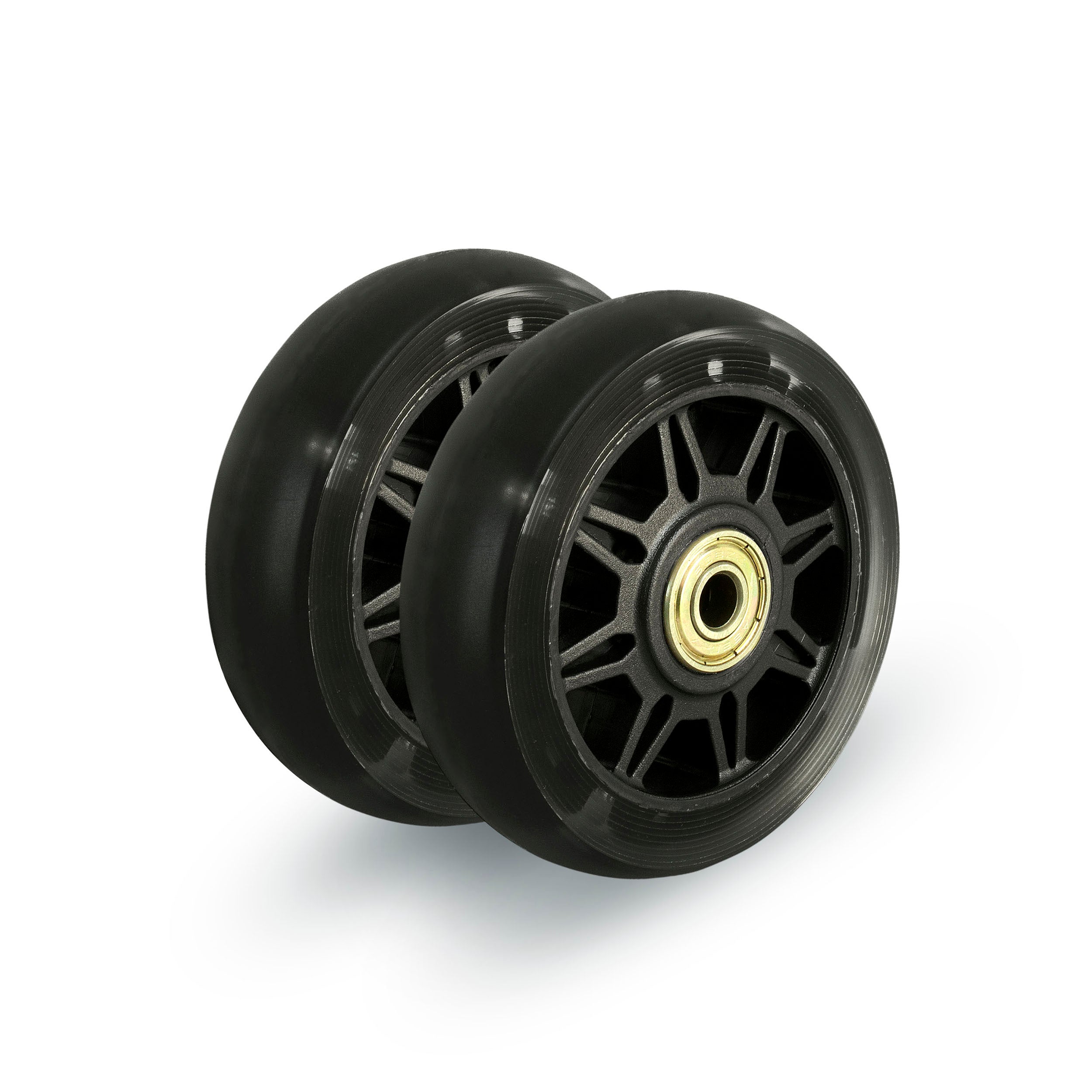 A pair of black three-wheeled folding light up rear wheels for a scooter.