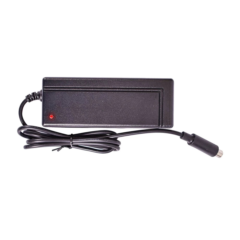 A black electric scooter charger with a red indicator light, a power plug, and a connected power cord.