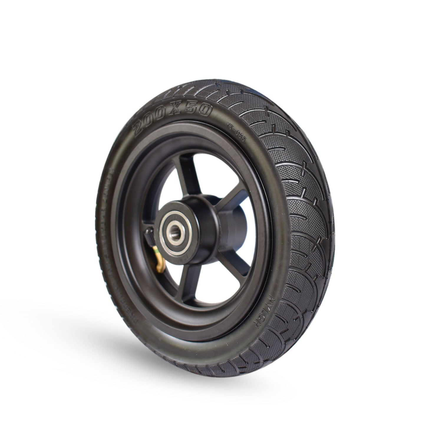 Replacement front wheel for an electric scooter, featuring a black tire and a black hub.