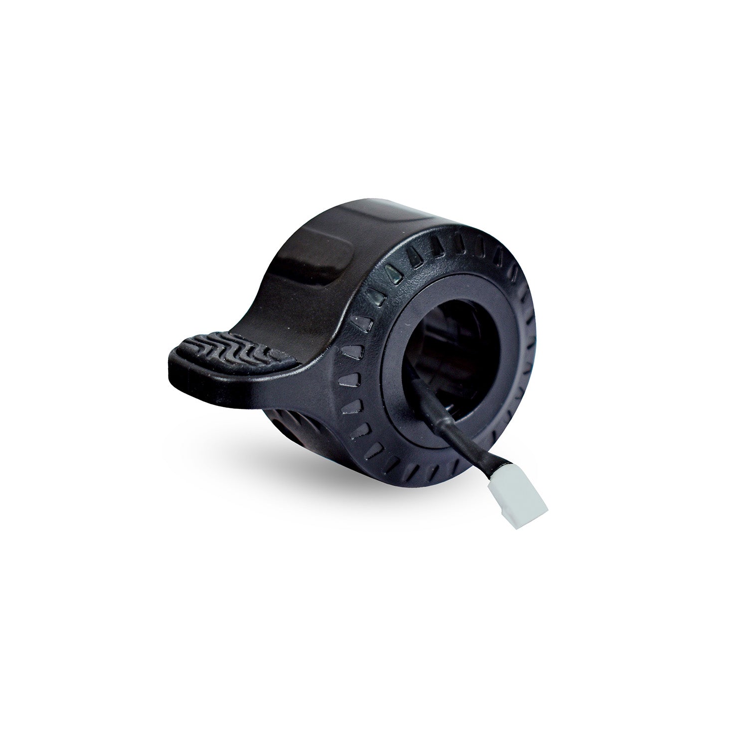 Black replacement throttle for an electric scooter, showing the side view with the cable and ergonomic design.